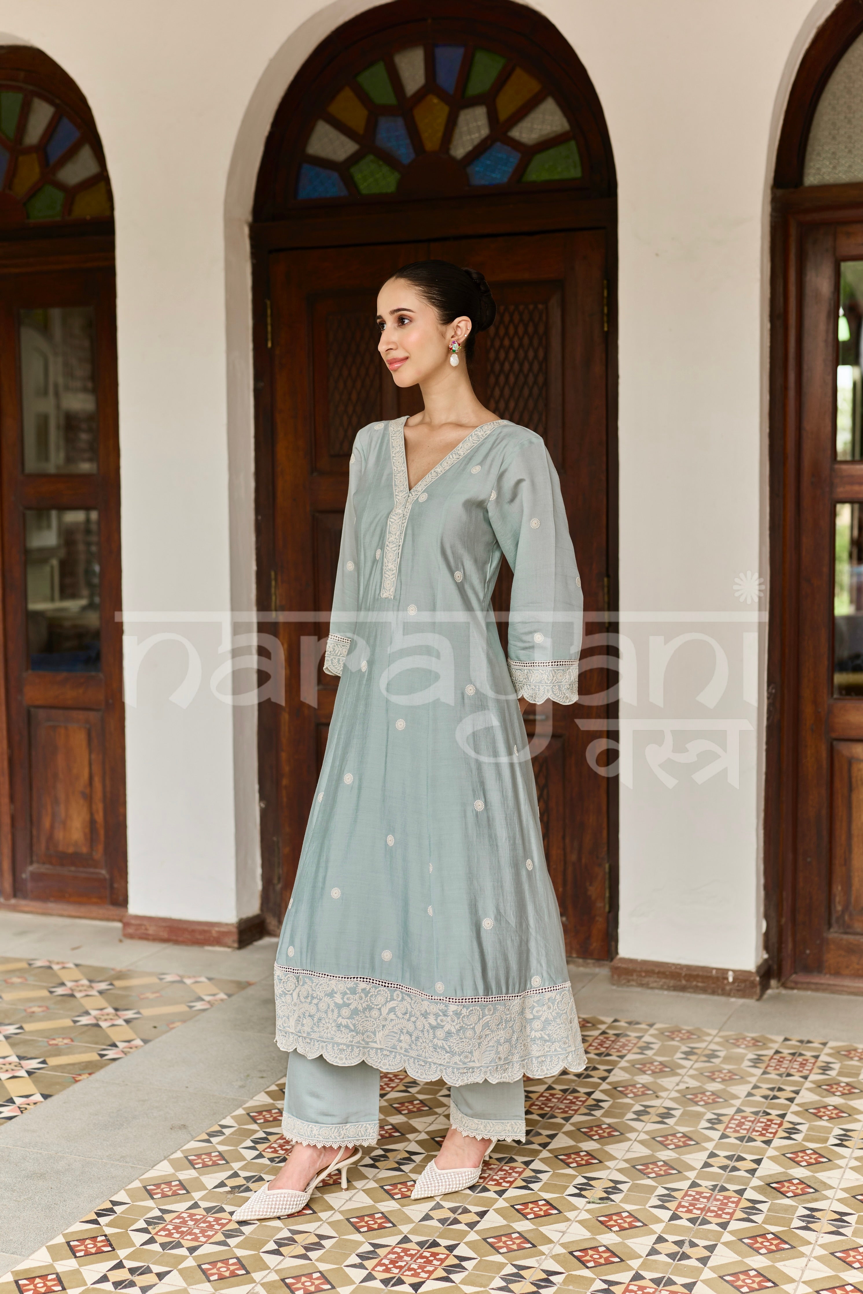 RUMI - Ice Blue Chanderi A-line Suit Set
