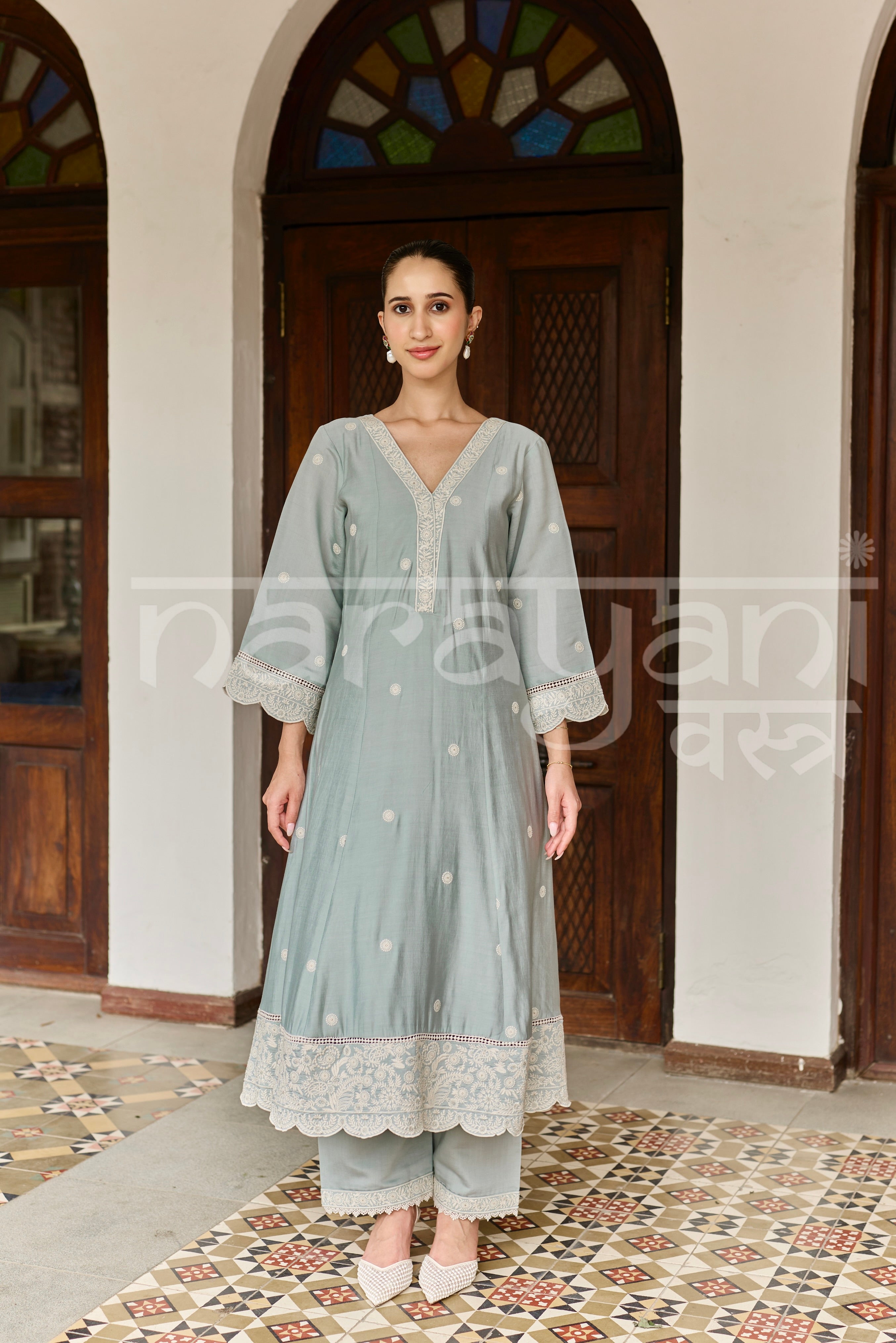 RUMI - Ice Blue Chanderi A-line Suit Set