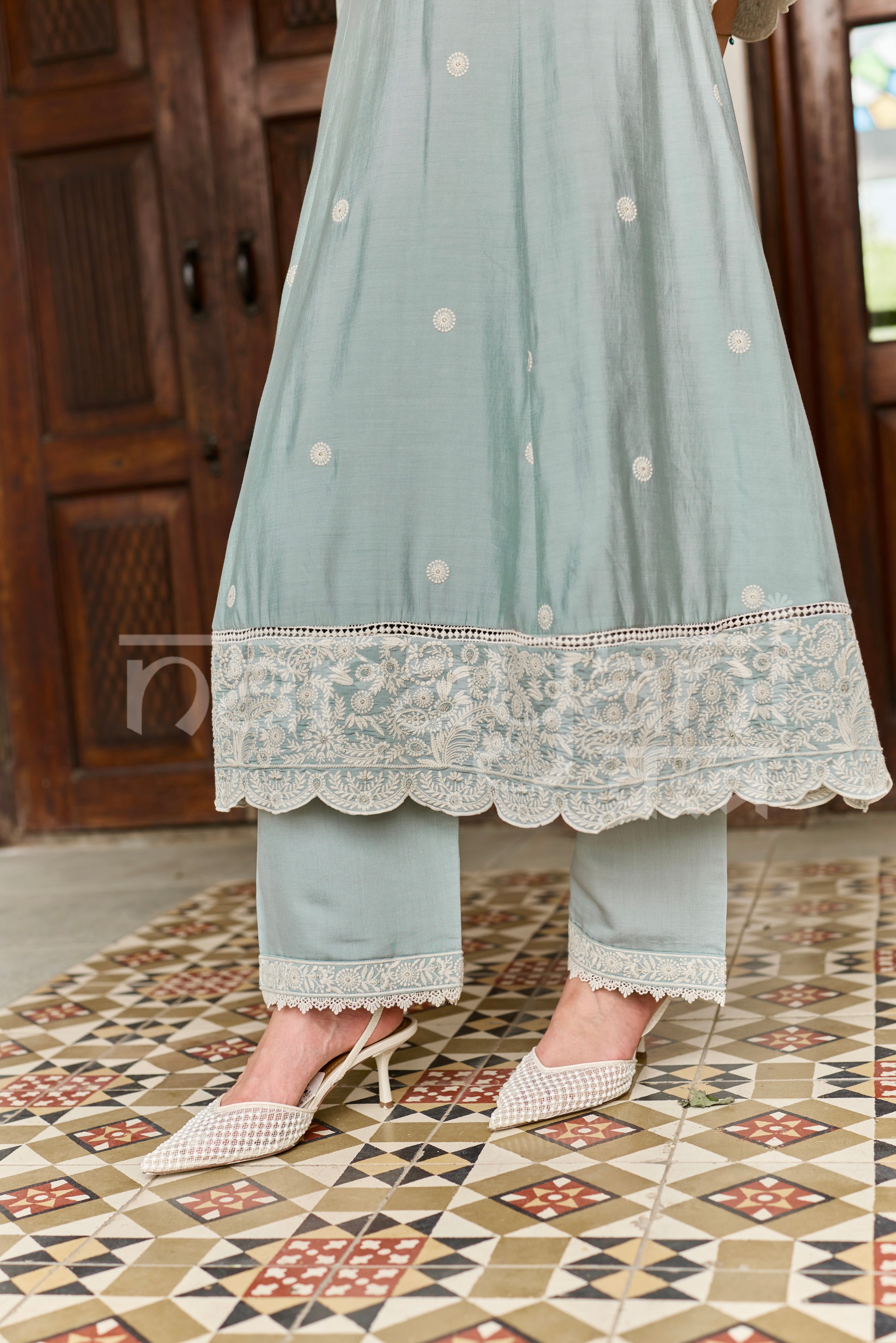 RUMI - Ice Blue Chanderi A-line Suit Set