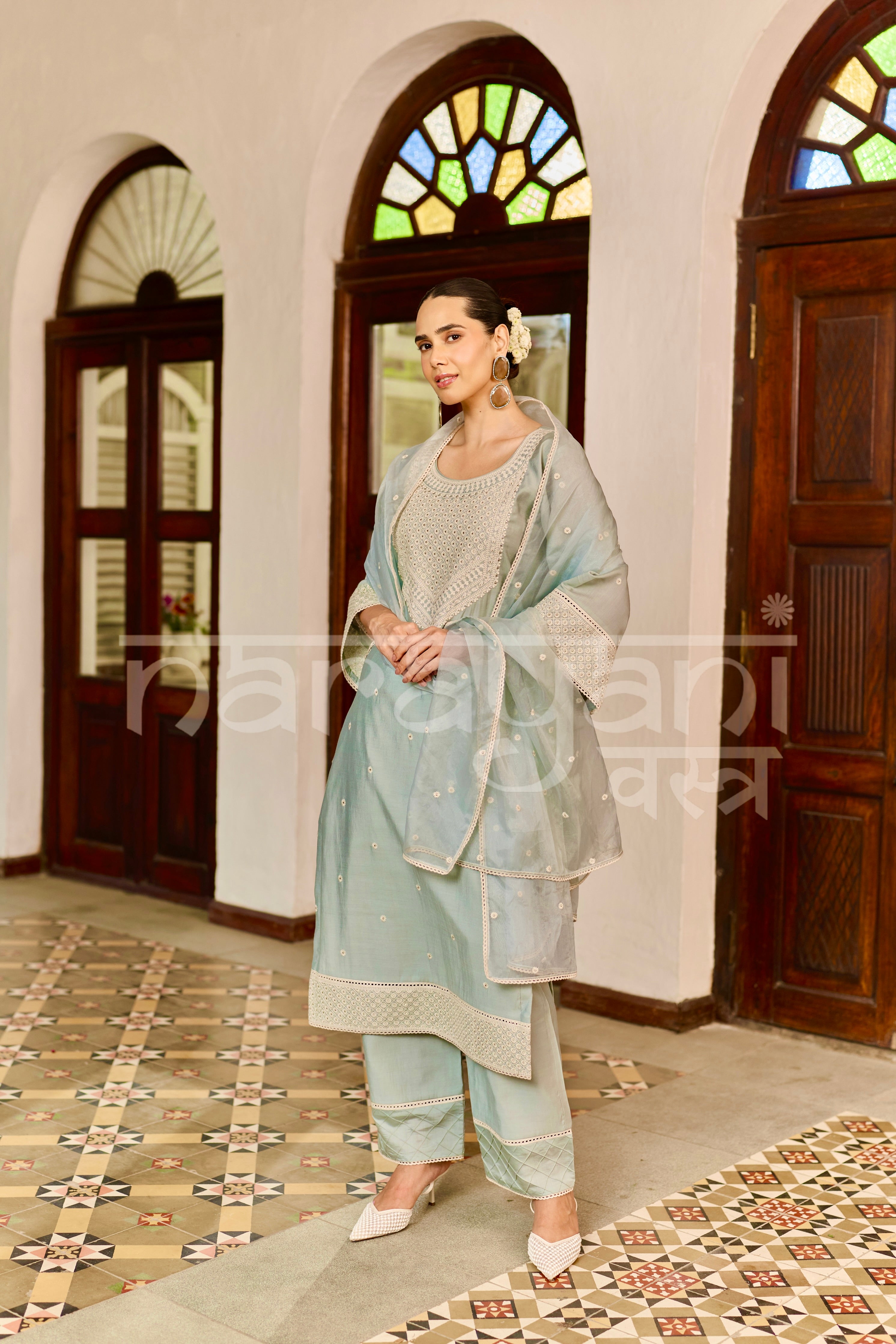 ZAHA - Ice Blue Chanderi Suit Set