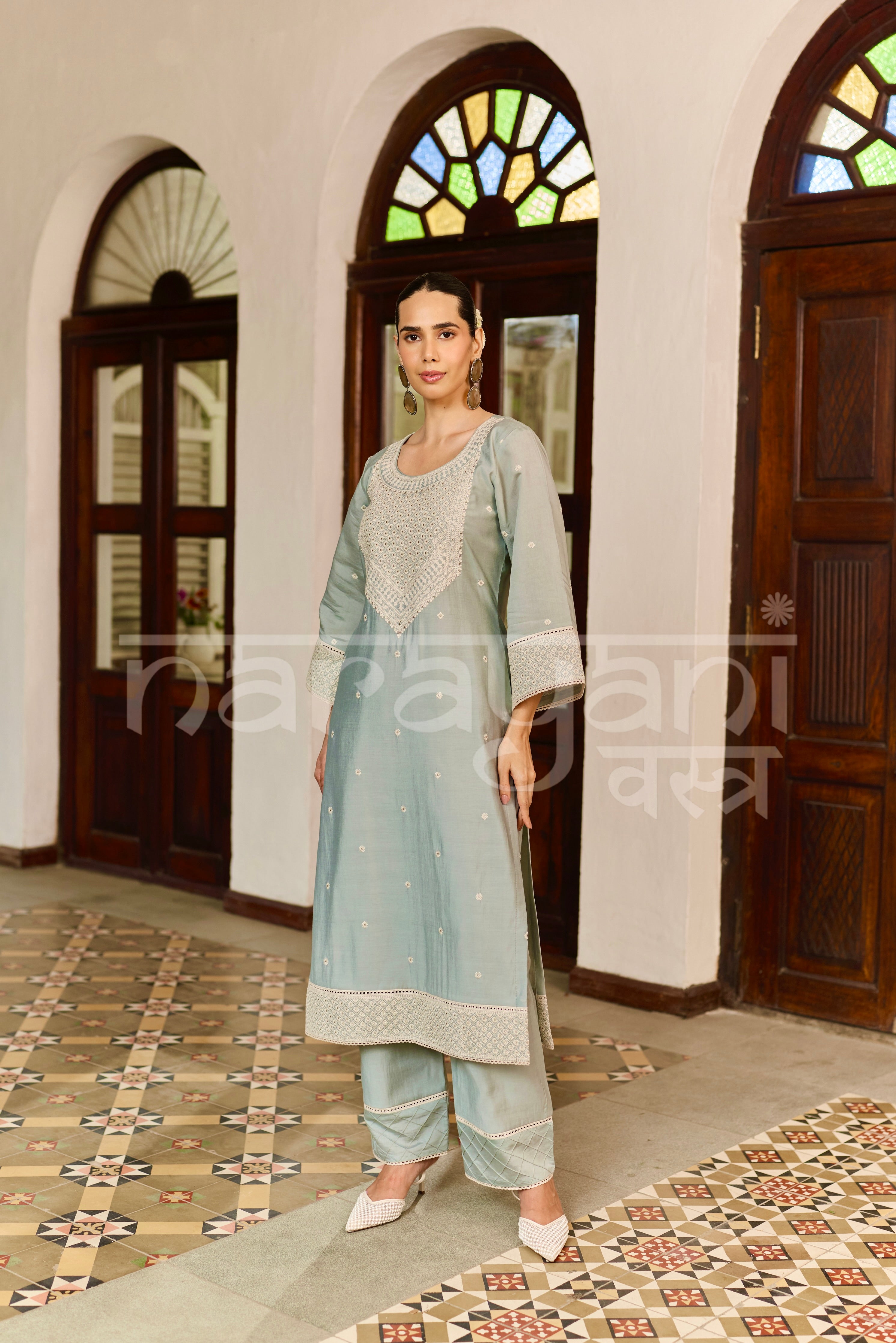 ZAHA - Ice Blue Chanderi Suit Set