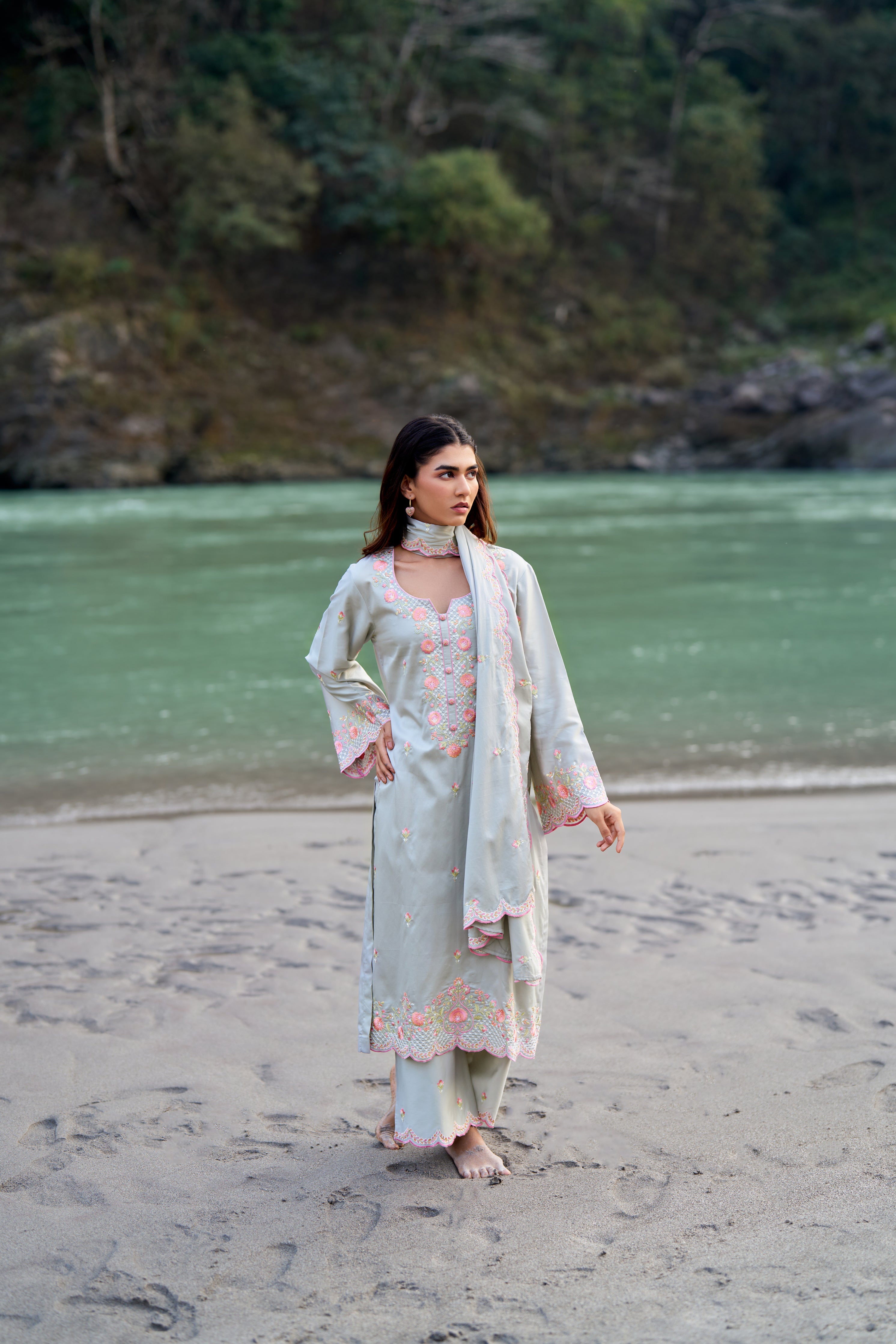 SHABH - Grey Cotton Suit Set