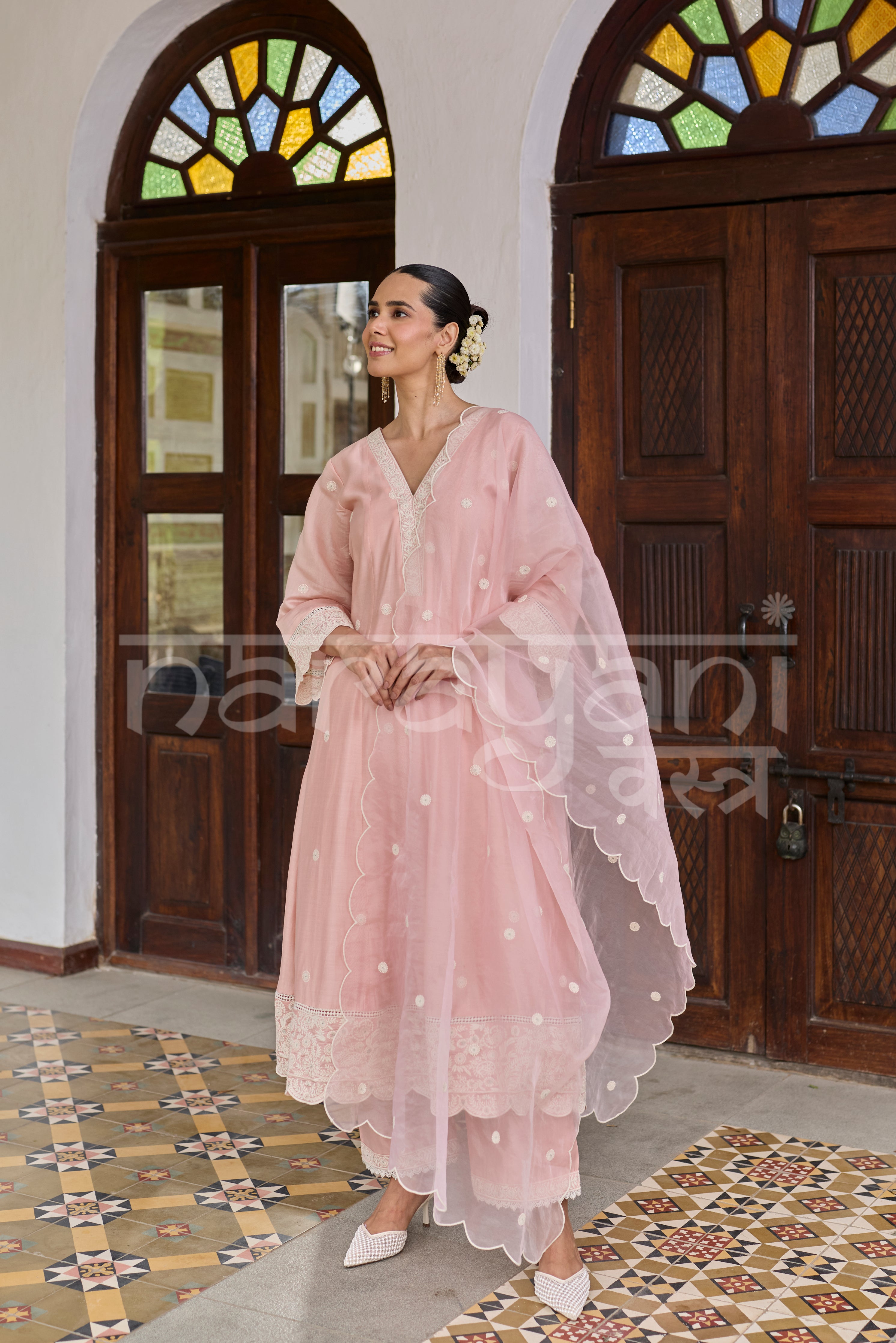 AAROHI - Blush Pink Chanderi A-line Suit Set