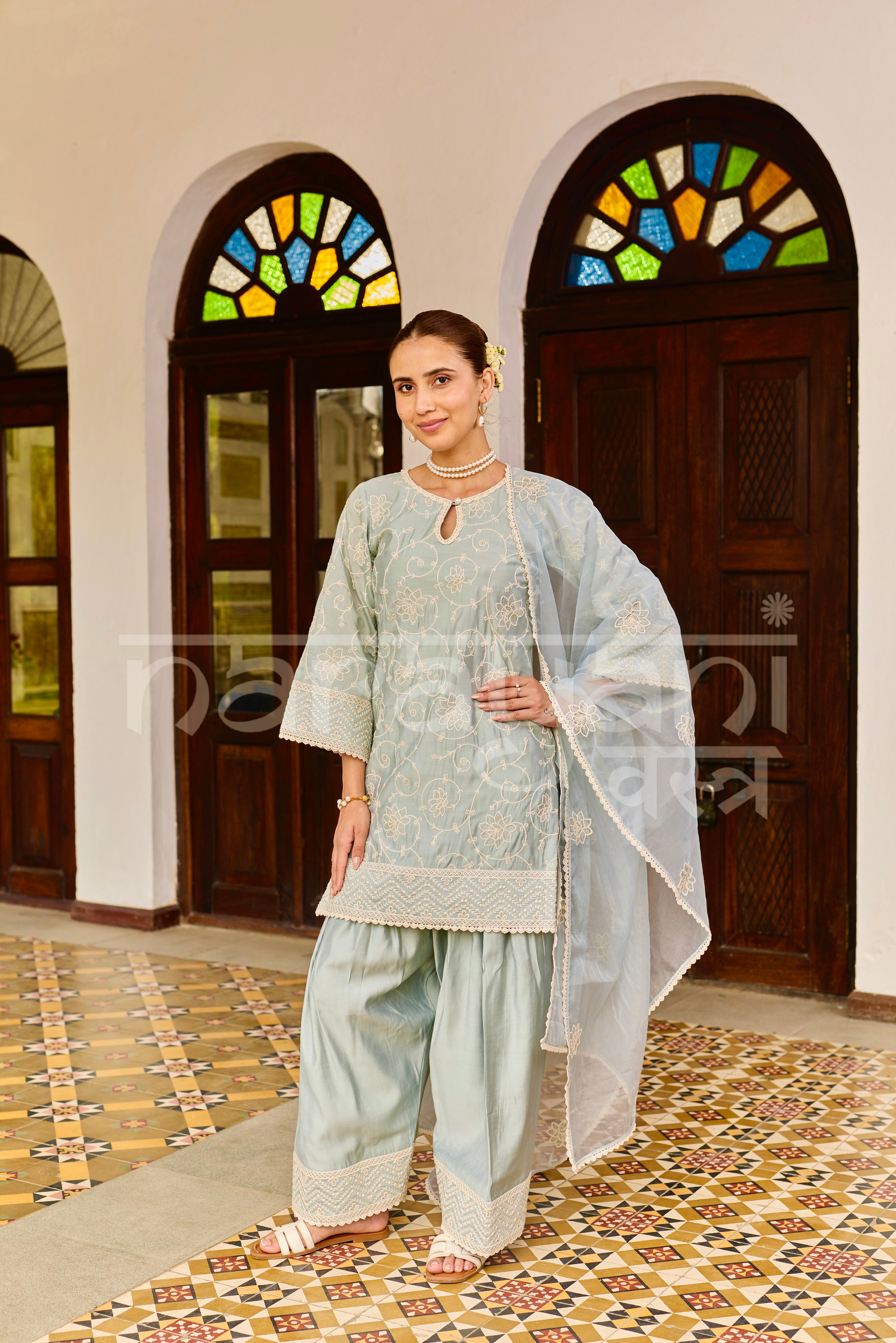 AAB - Ice Blue Chanderi Suit Set