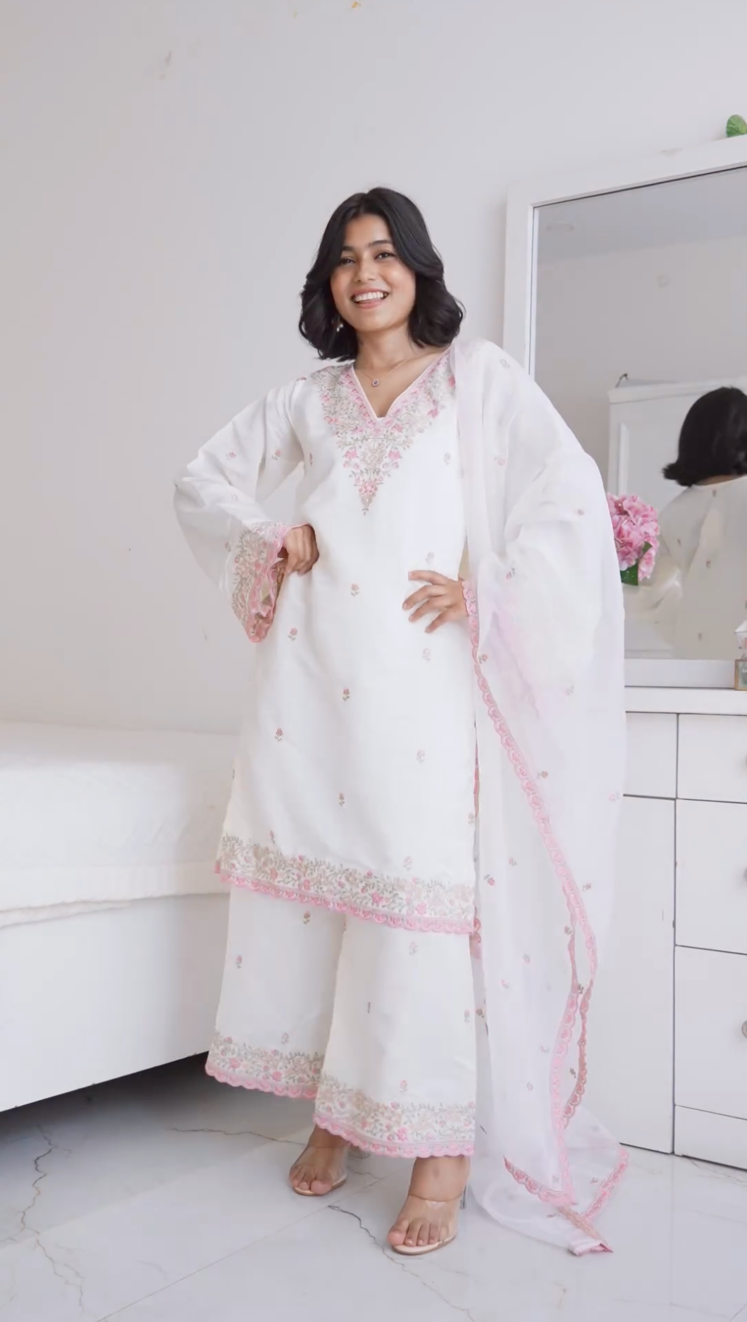 Bhawna Lunthi in Moghra - Ivory White Chanderi Embroidered Suit Set.