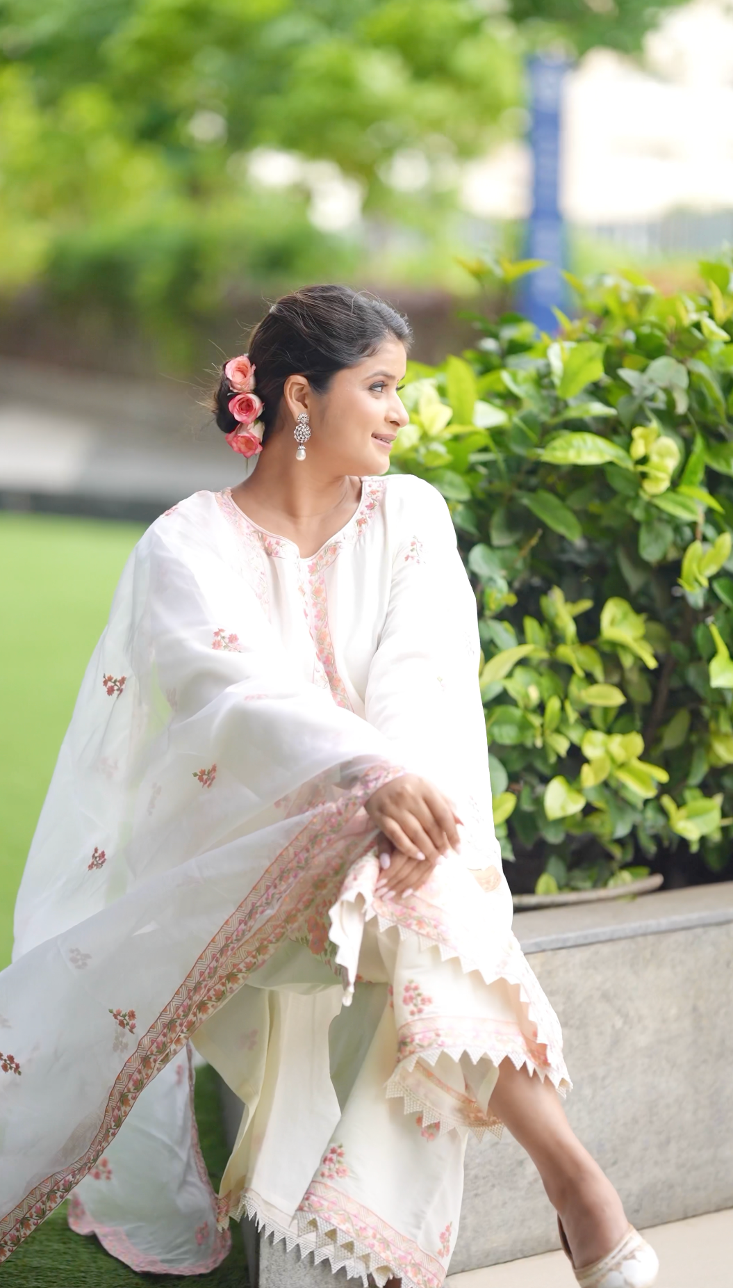 Ankita Singh in Gul-Khera - Ivory White Chanderi Embroidered Suit Set.