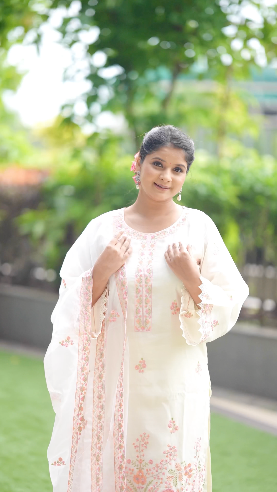 Ankita Singh in Gul-Khera - Ivory White Chanderi Embroidered Suit Set.
