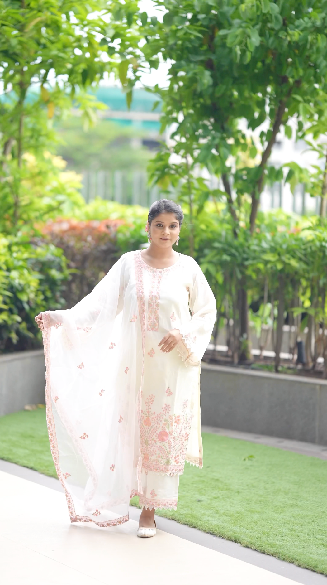 Ankita Singh in Gul-Khera - Ivory White Chanderi Embroidered Suit Set.