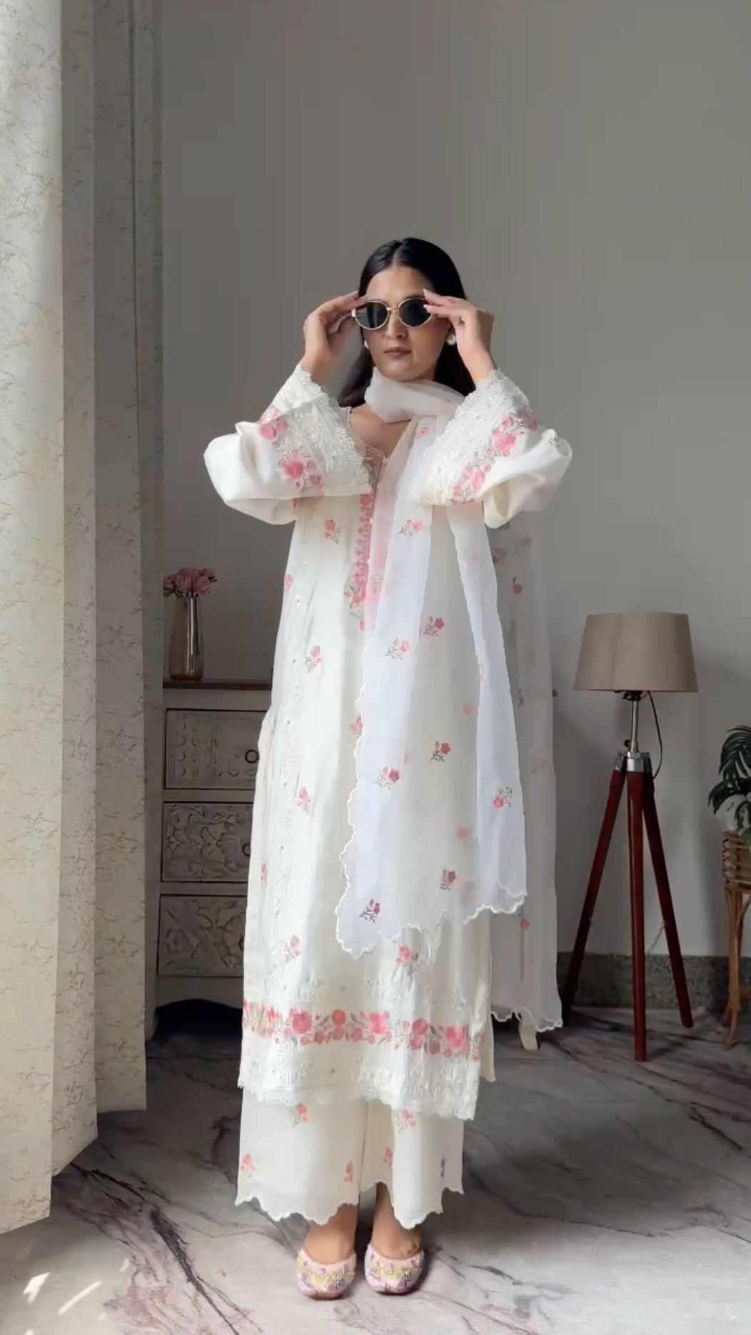 Swati Rathi in Nalini - Ivory White Chanderi Embroidered Suit Set.