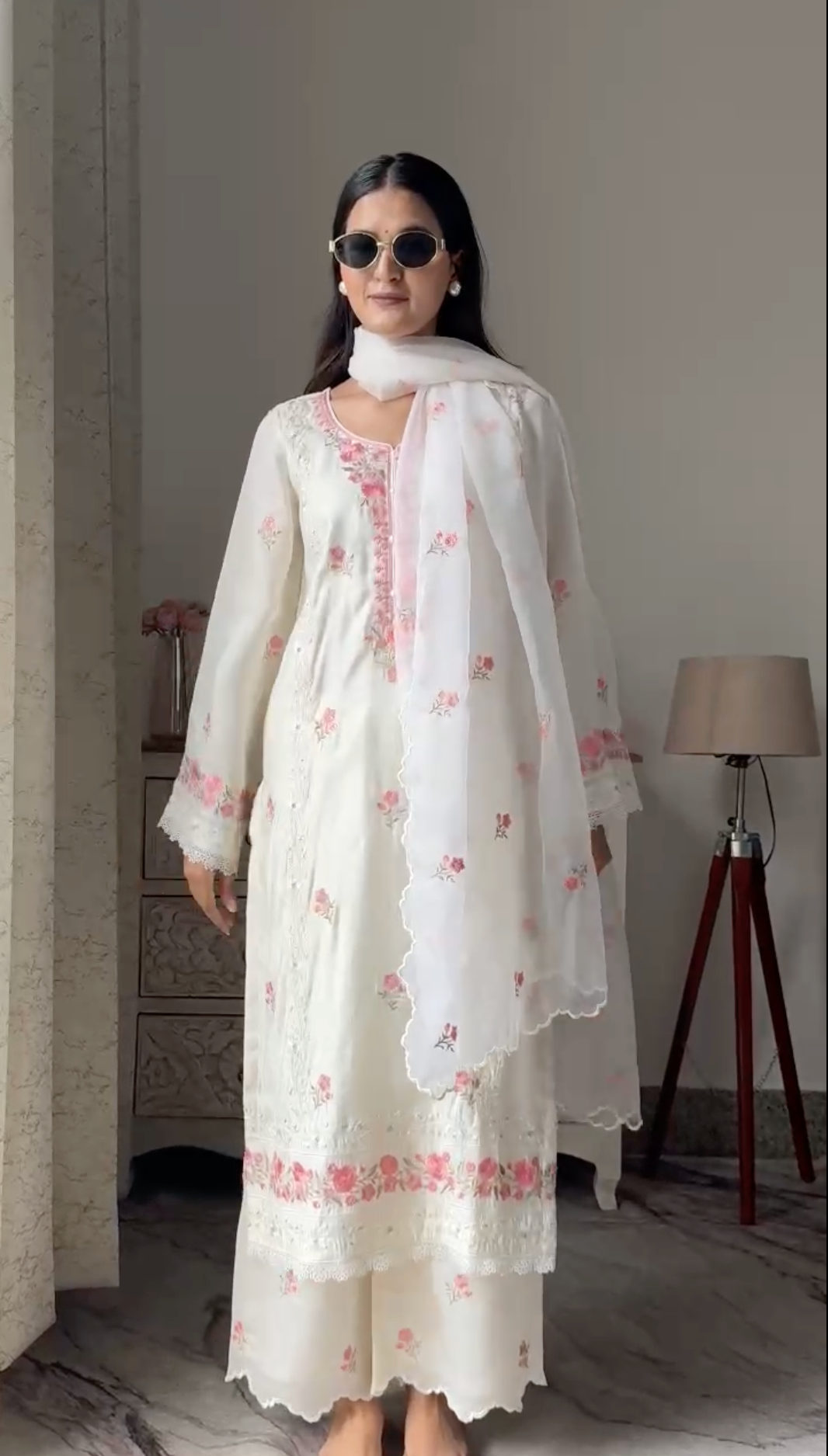 Swati Rathi in Nalini - Ivory White Chanderi Embroidered Suit Set.