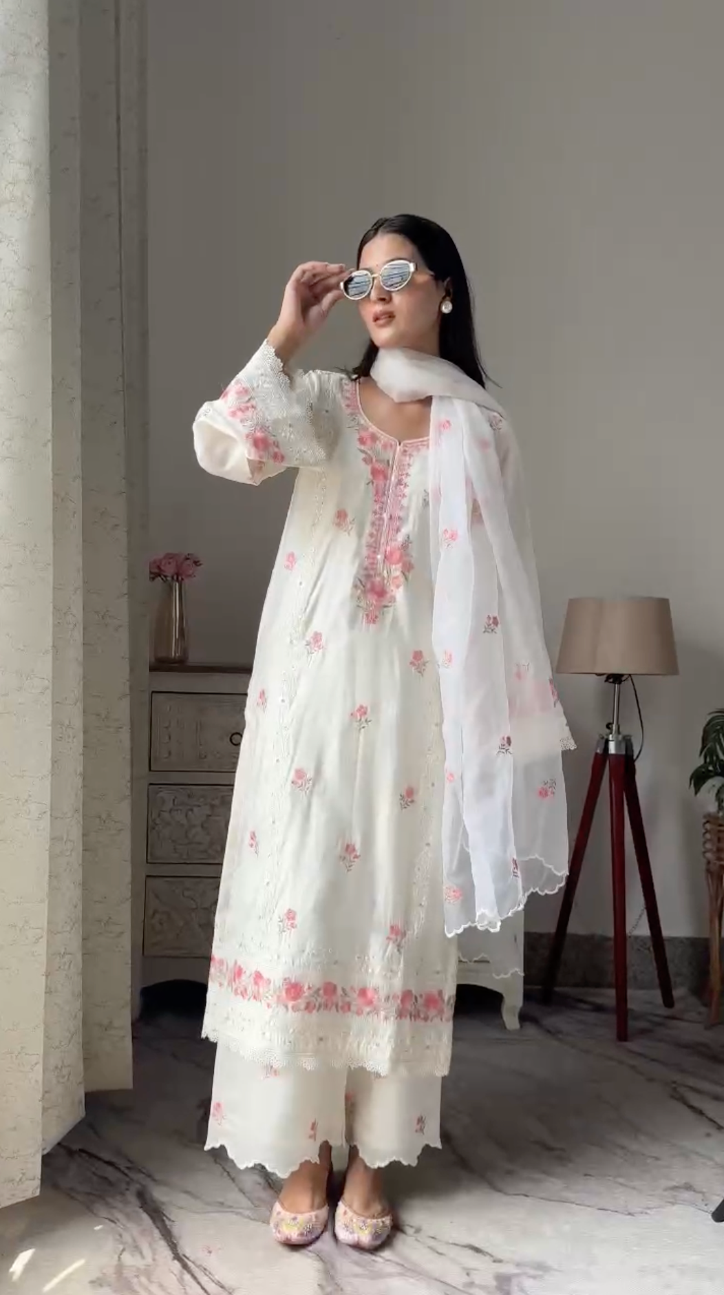 Swati Rathi in Nalini - Ivory White Chanderi Embroidered Suit Set.