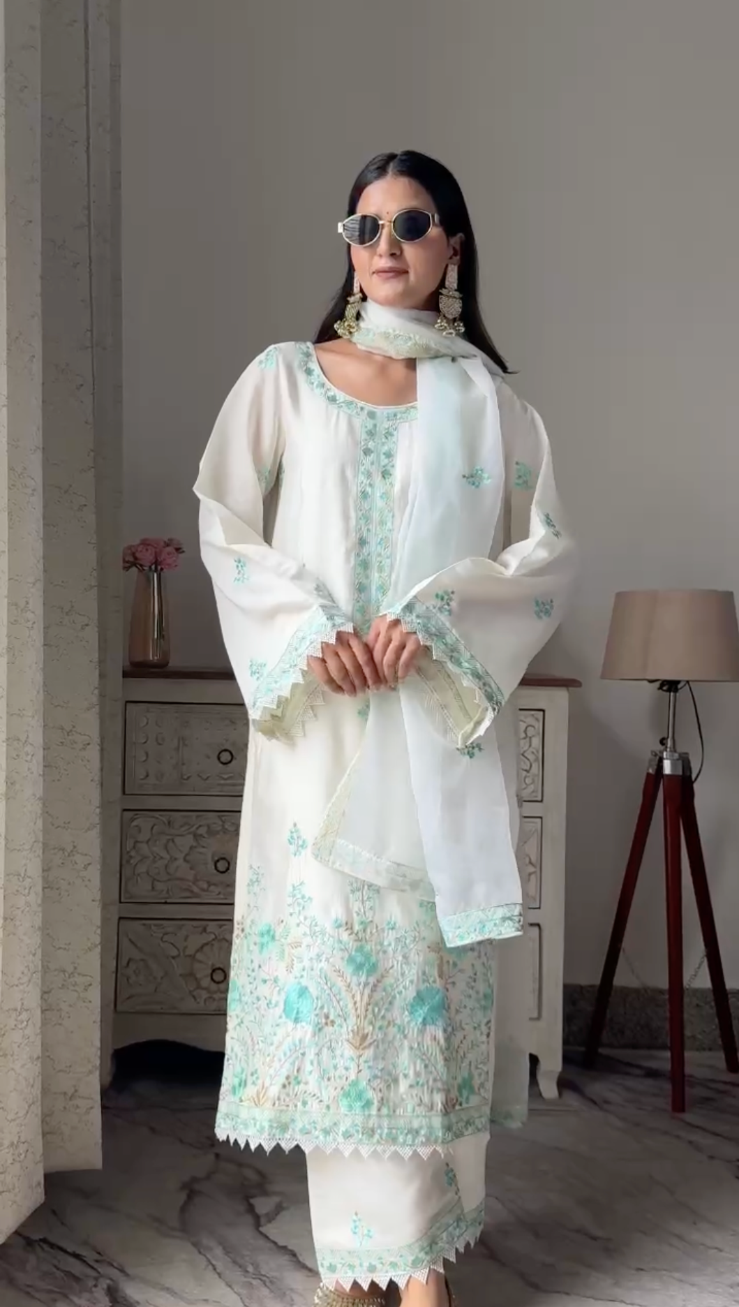 Swati Rathi in Asoniya - Ivory White Chanderi Embroidered Suit Set.