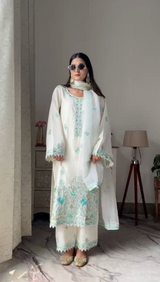 Swati Rathi in Asoniya - Ivory White Chanderi Embroidered Suit Set.
