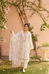 Nalini - Ivory White Chanderi Embroidered Suit Set.