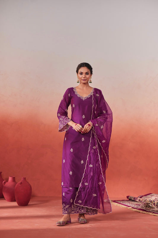 Khila - Wine Chanderi Embroidered Suit Set