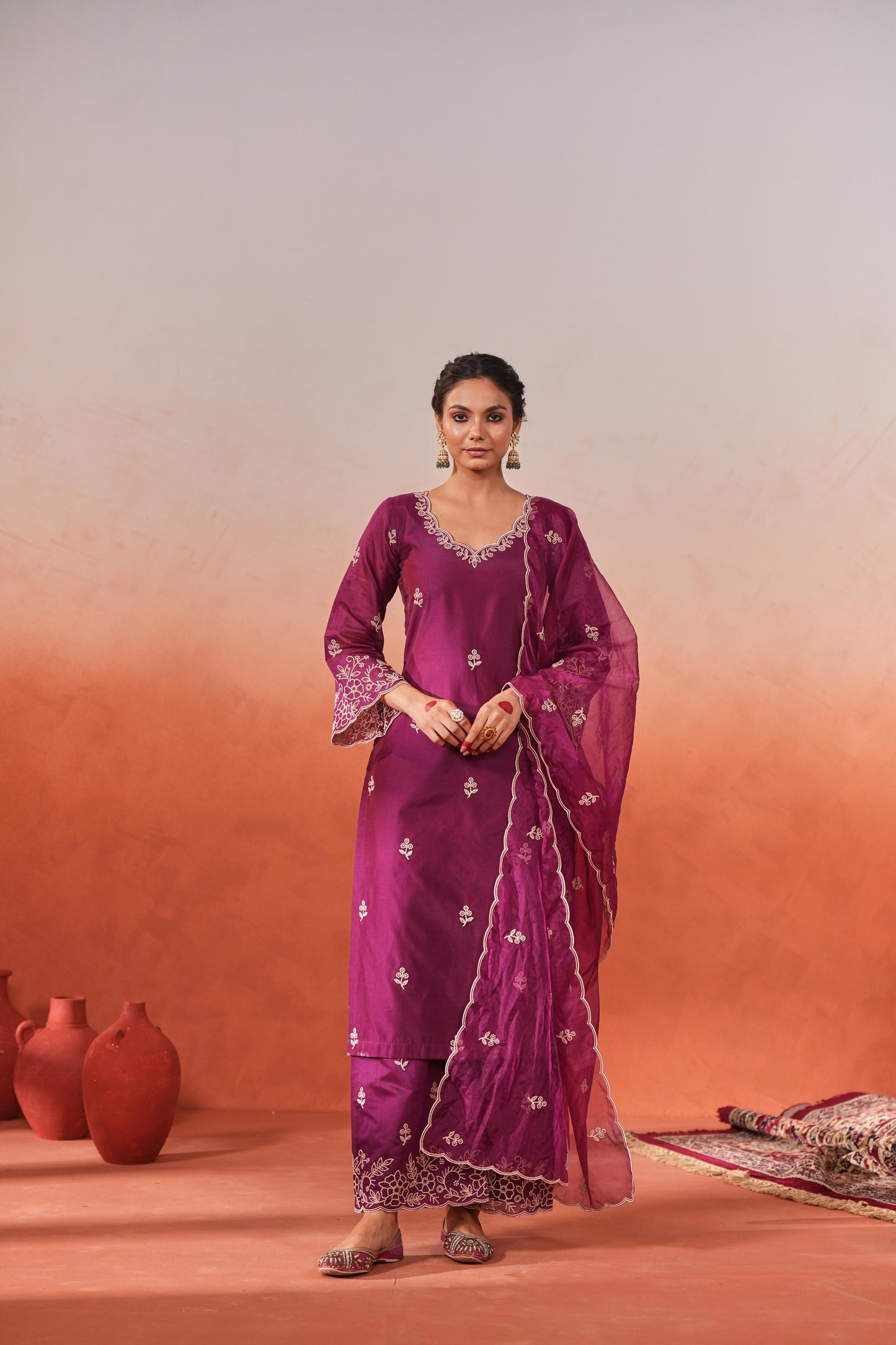 Shivani Pancholi in Khila - Wine Chanderi Embroidered Suit Set