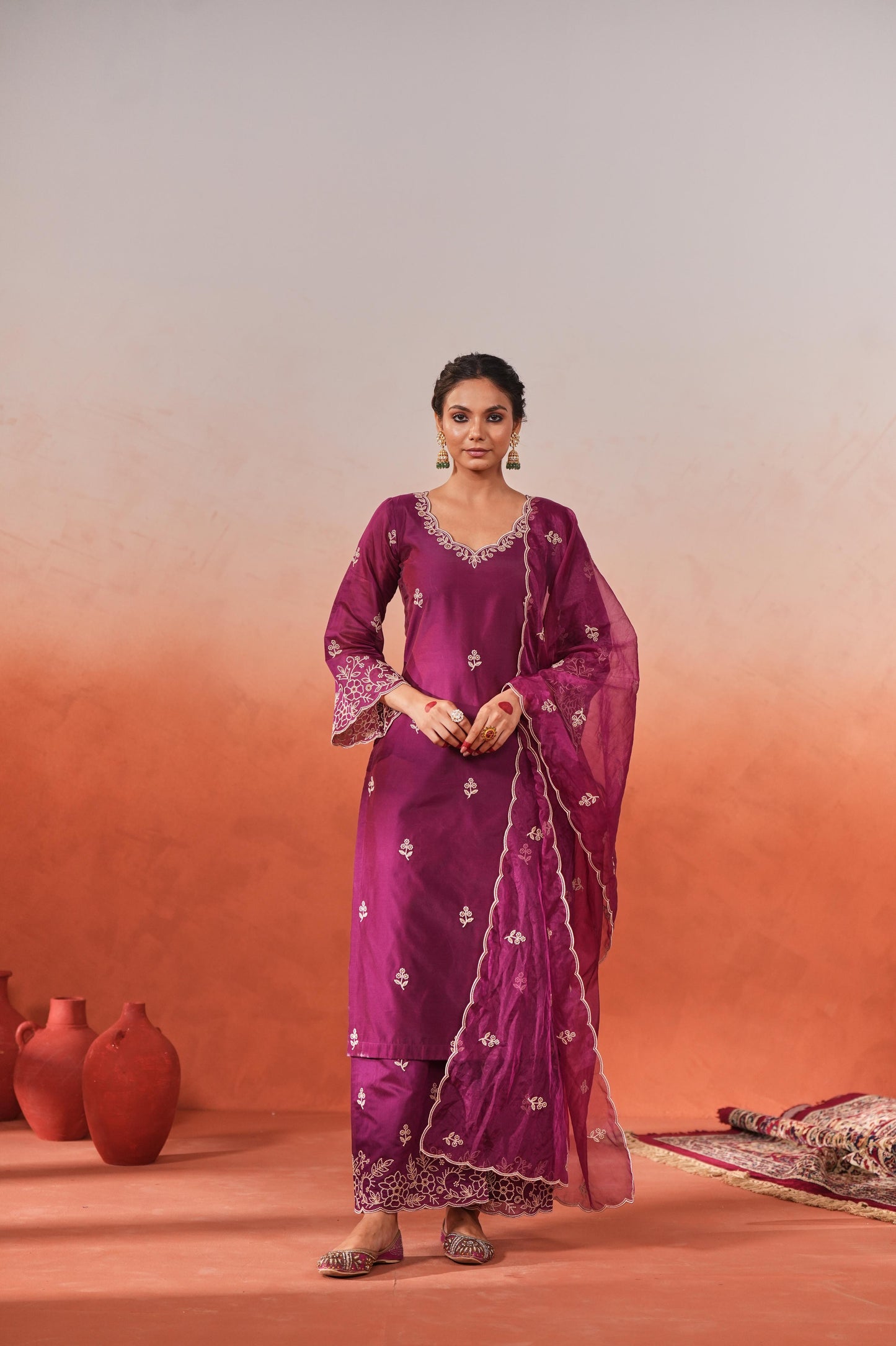 Bhavdeep Kaur in Khila - Wine Chanderi Embroidered Suit Set