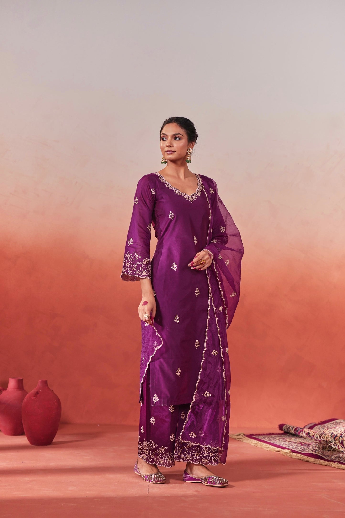 SARA TENDULKAR In Khila - Wine Chanderi Embroidered Suit Set