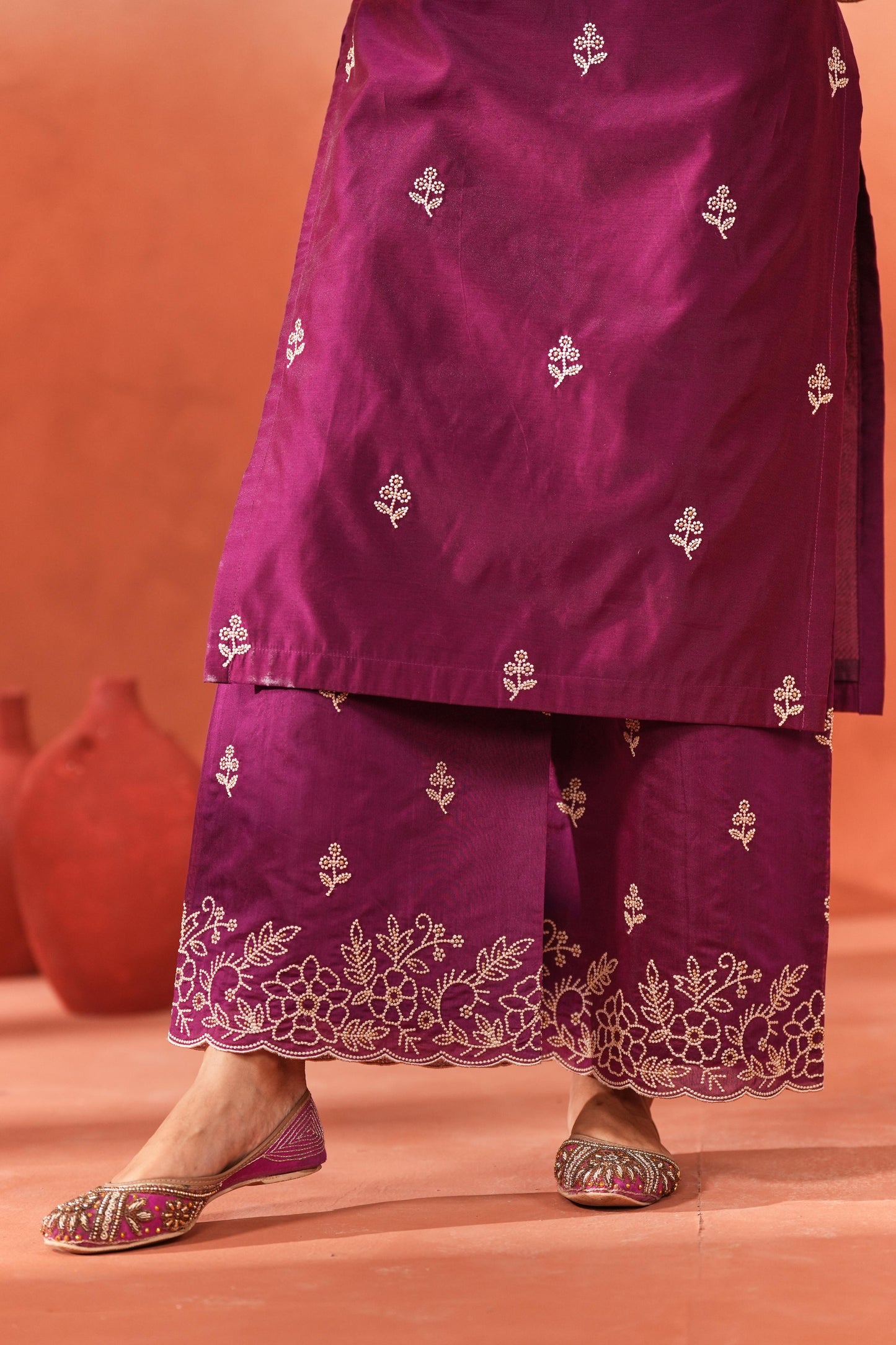Khila - Wine Chanderi Embroidered Suit Set
