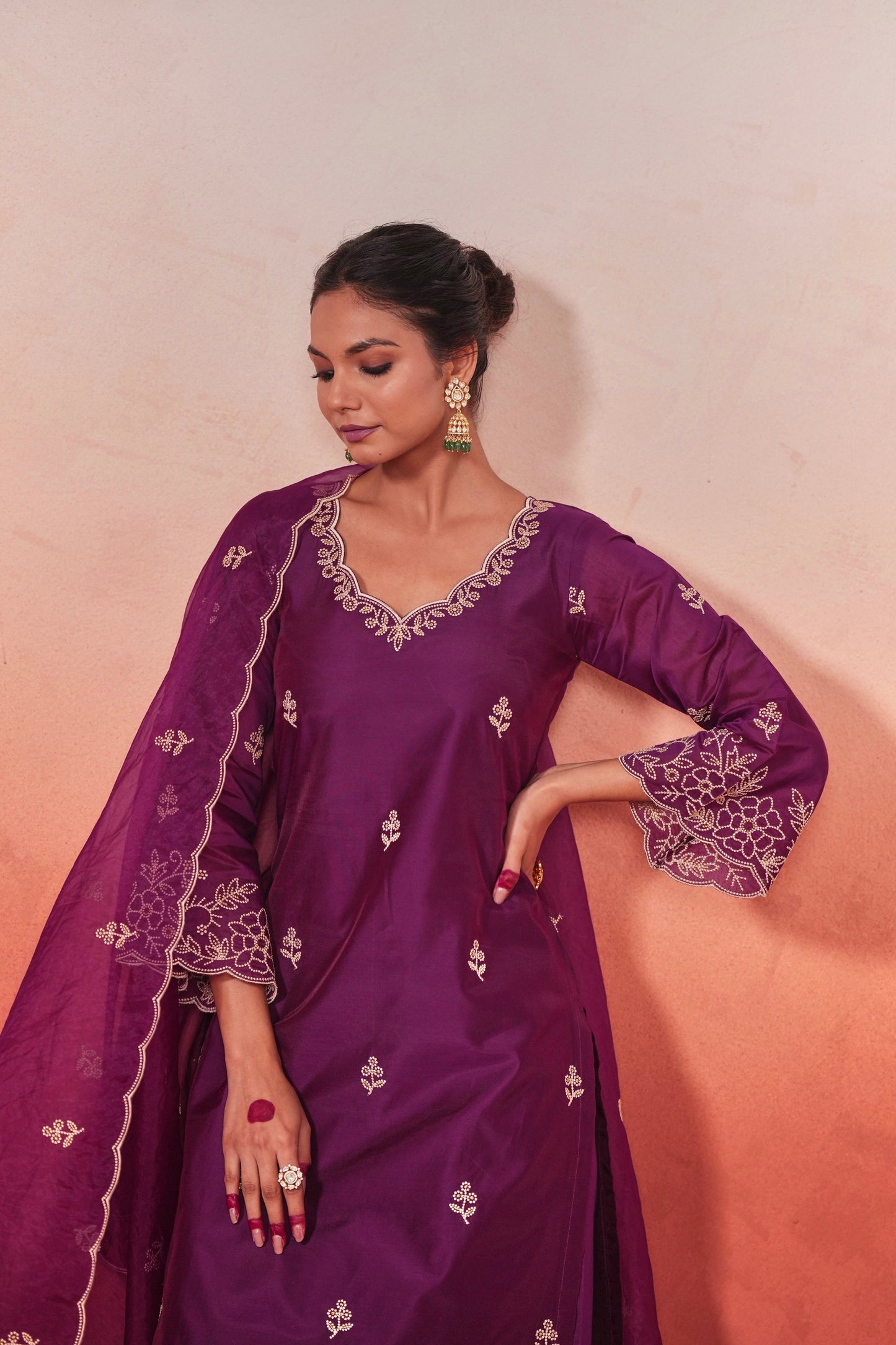 SARA TENDULKAR In Khila - Wine Chanderi Embroidered Suit Set
