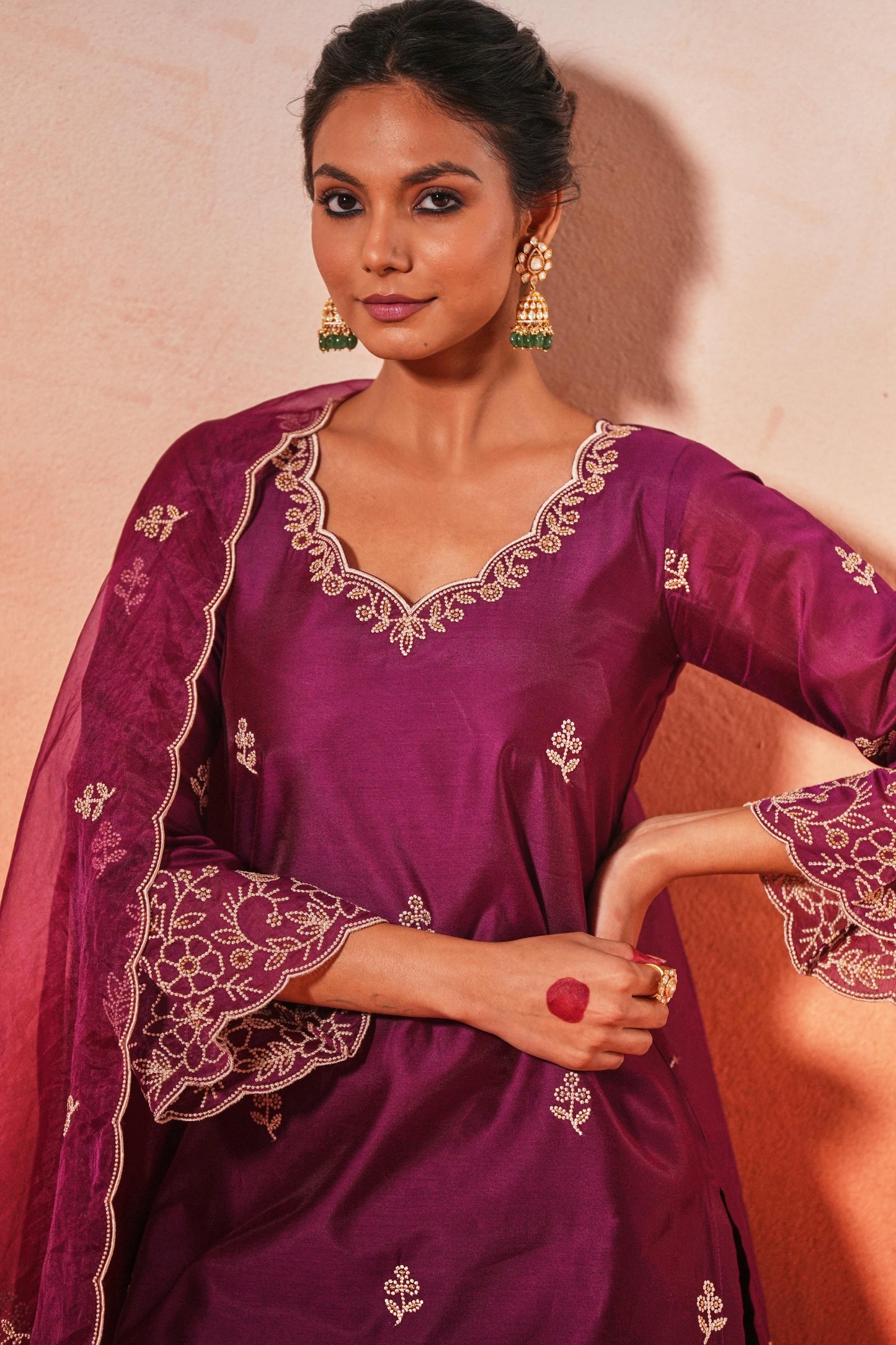 Bhavdeep Kaur in Khila - Wine Chanderi Embroidered Suit Set