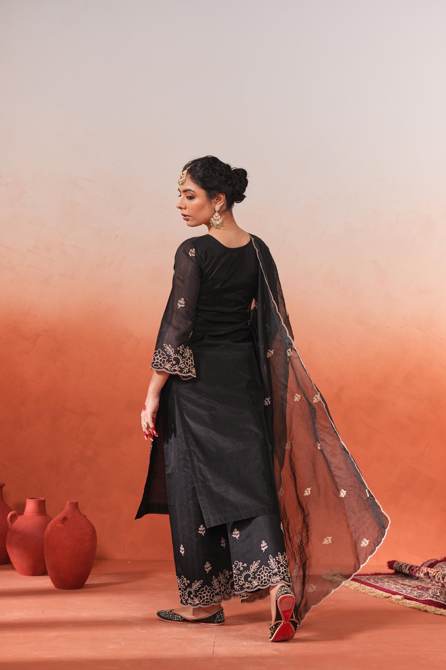 Mehfil - Black Chanderi Embroidered Suit Set