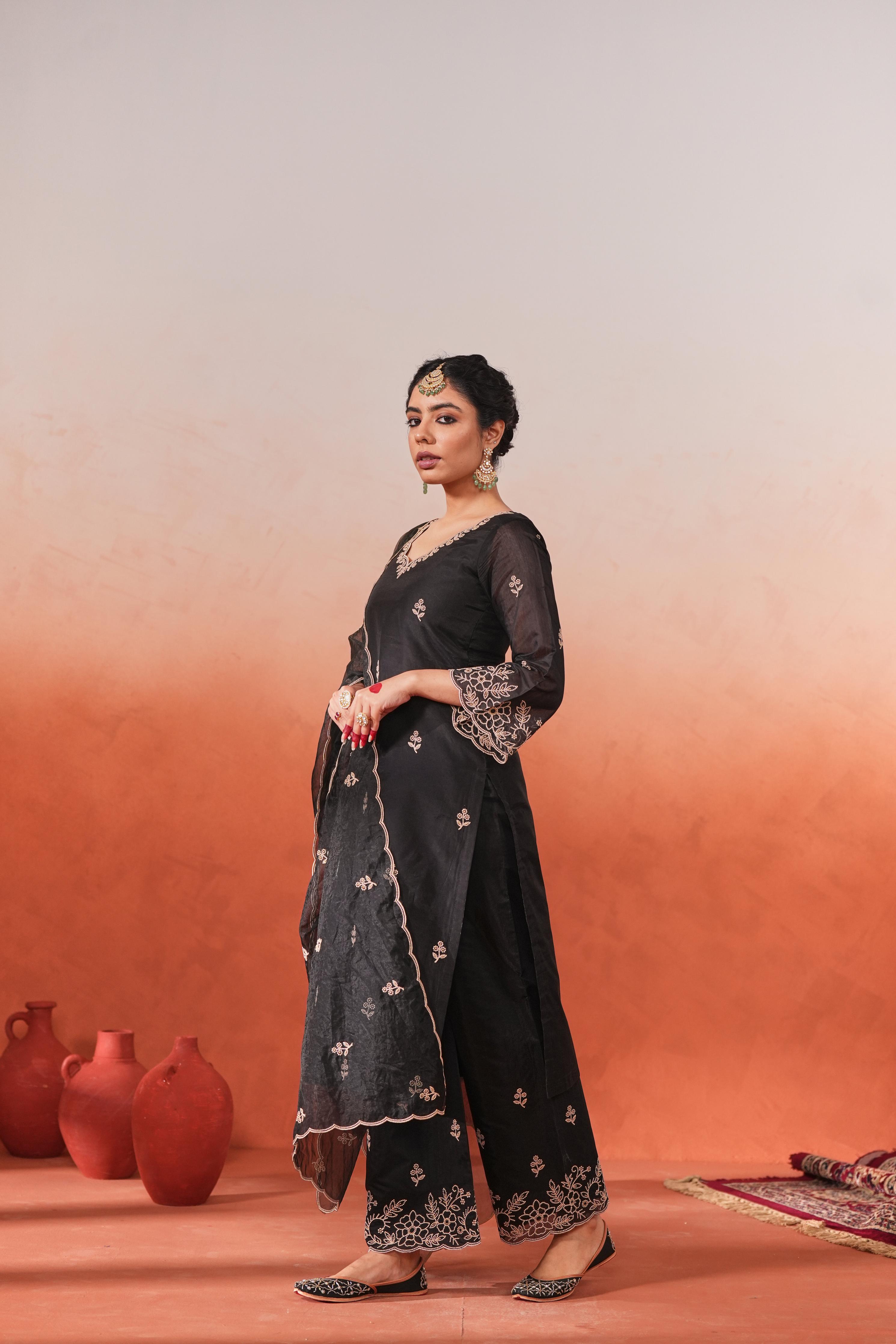 Mehfil - Black Chanderi Embroidered Suit Set