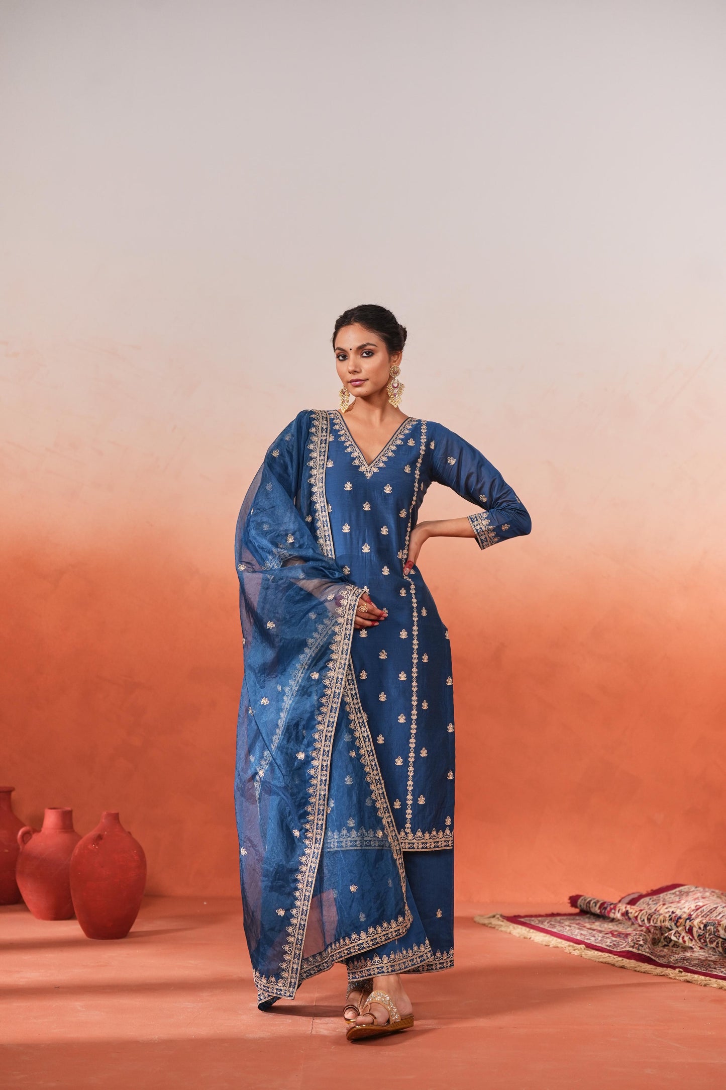 Gulzaar - Blue Chanderi Embroidered Suit Set