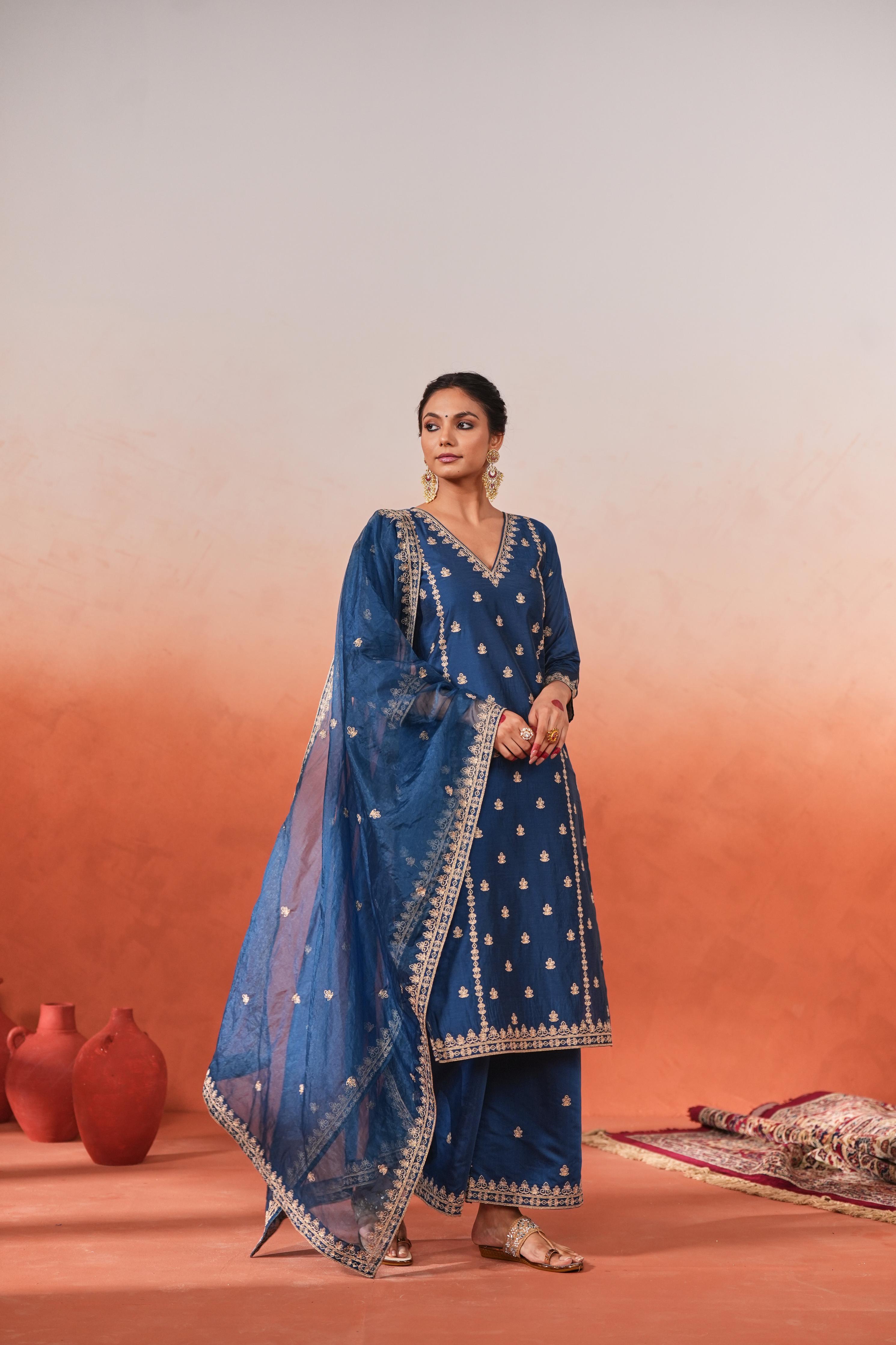 Gulzaar - Blue Chanderi Embroidered Suit Set