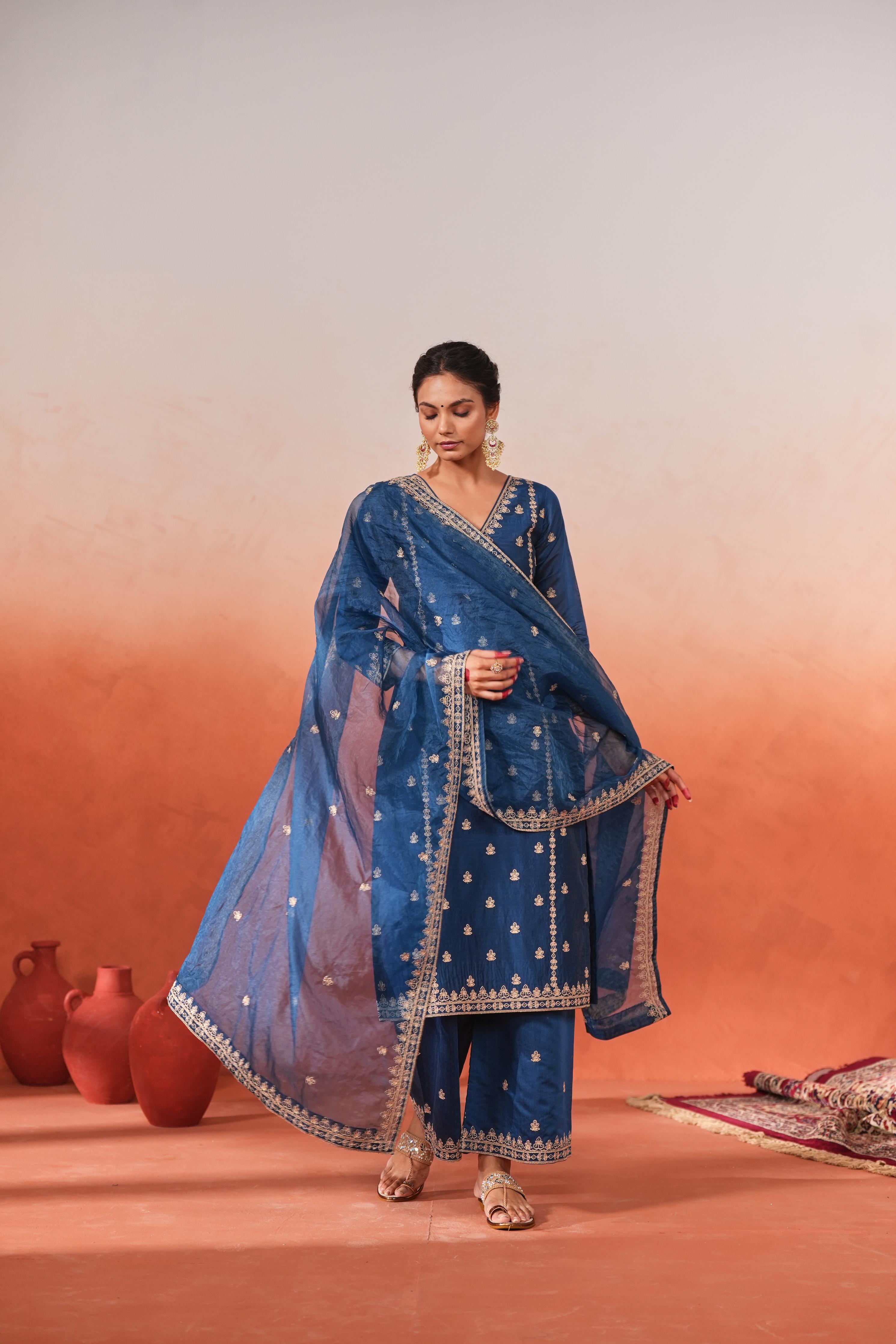Mehak Jain in Gulzaar - Blue Chanderi Embroidered Suit Set