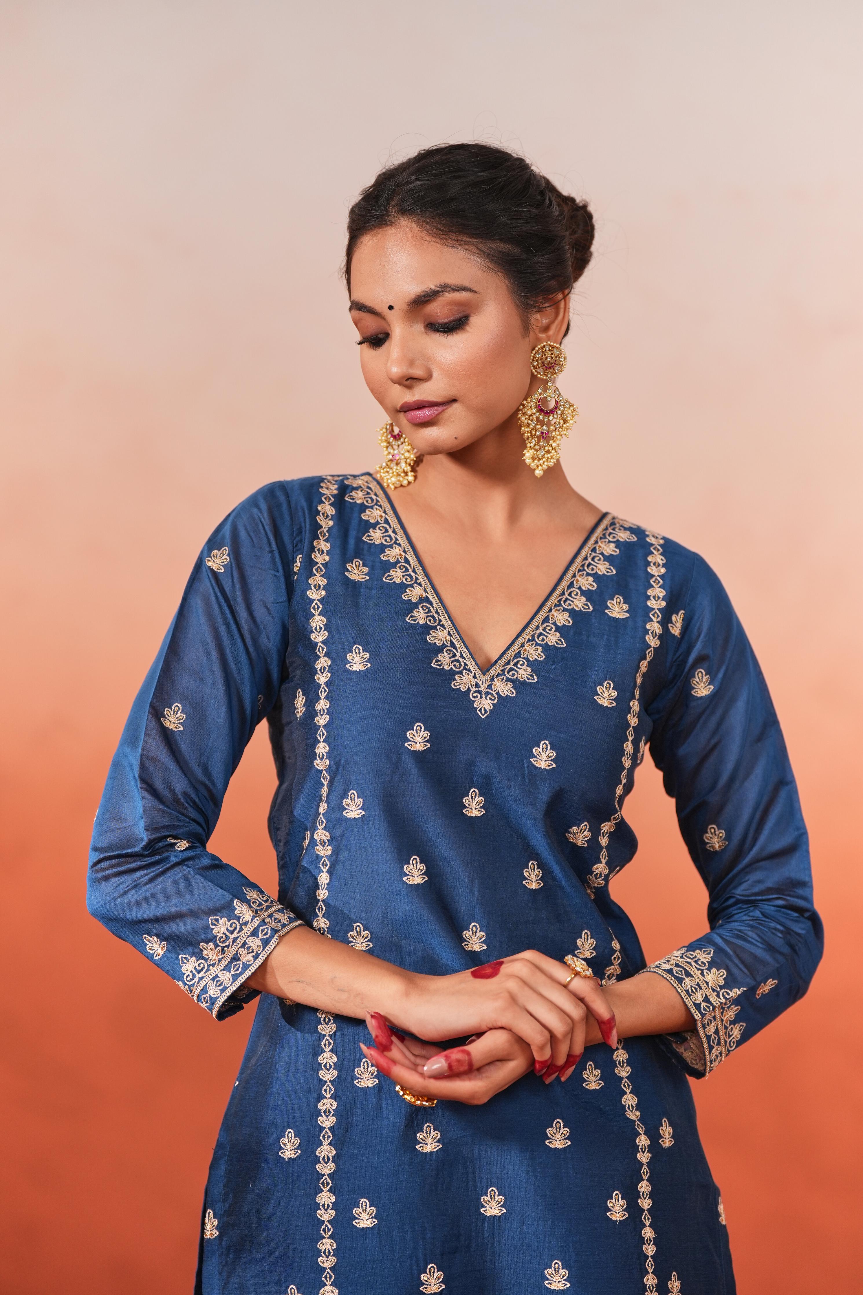 Gulzaar - Blue Chanderi Embroidered Suit Set