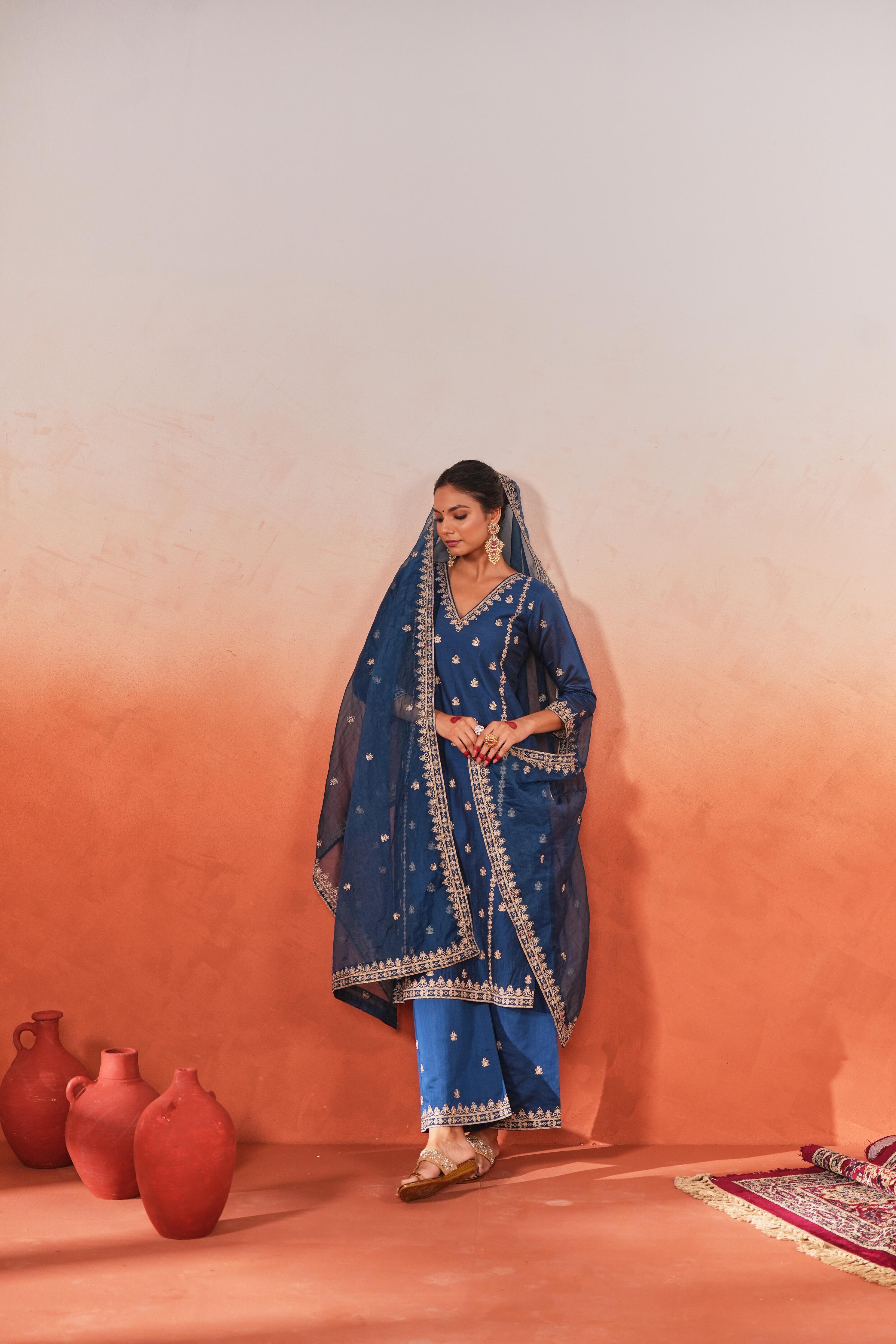 Mehak Jain in Gulzaar - Blue Chanderi Embroidered Suit Set