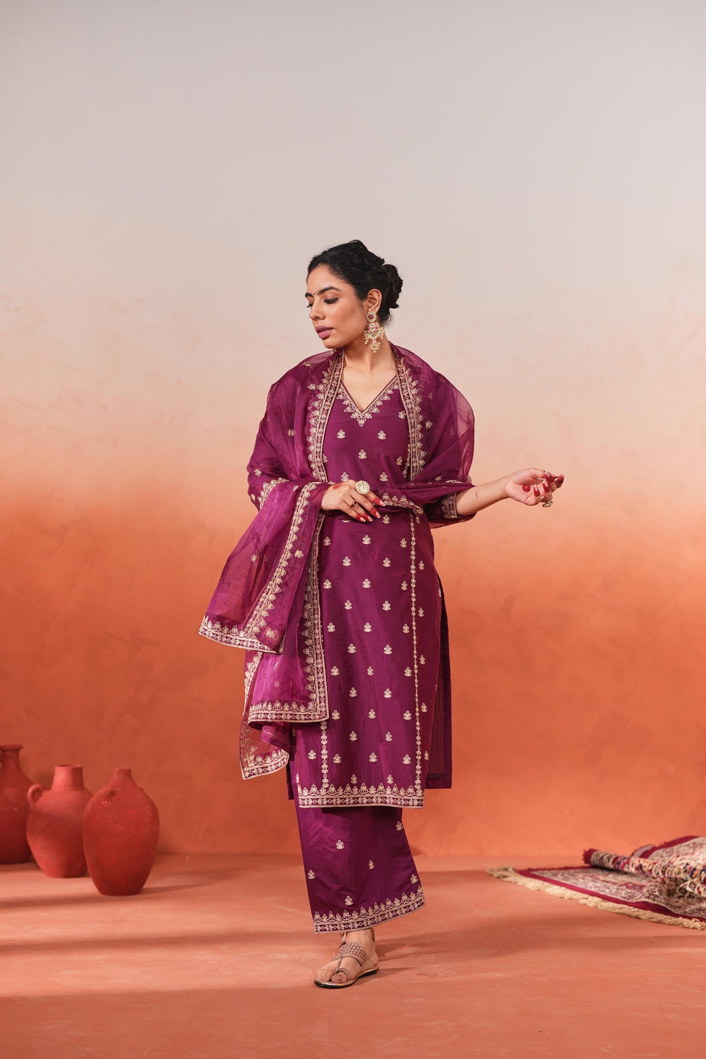 Hina Khan in Khushnir - Wine Chanderi Embroidered Suit Set