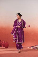 Khushnir - Wine Chanderi Embroidered Suit Set