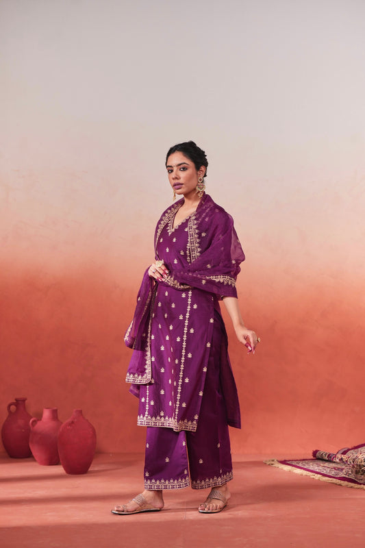 Khushnir - Wine Chanderi Embroidered Suit Set