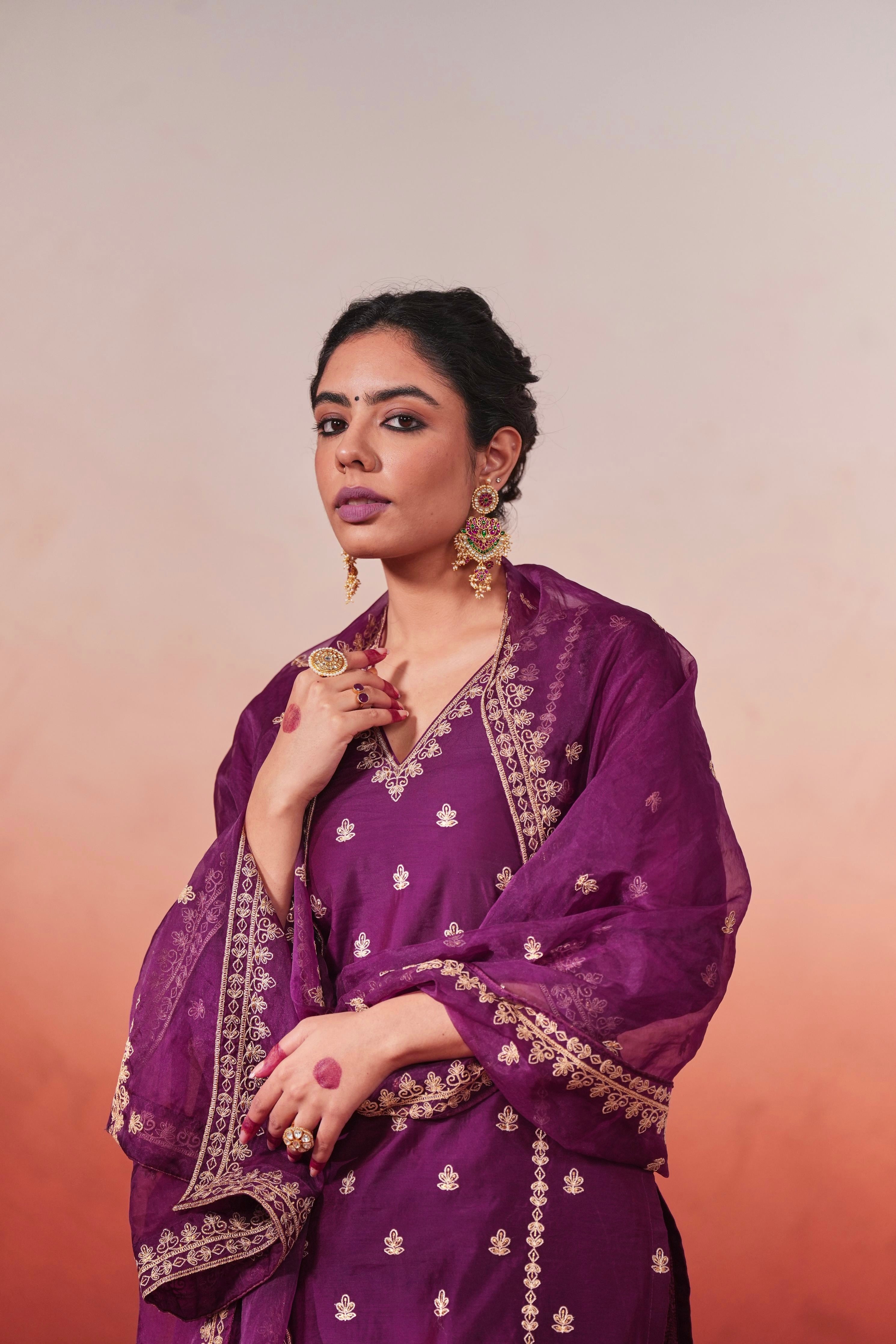 Khushnir - Wine Chanderi Embroidered Suit Set