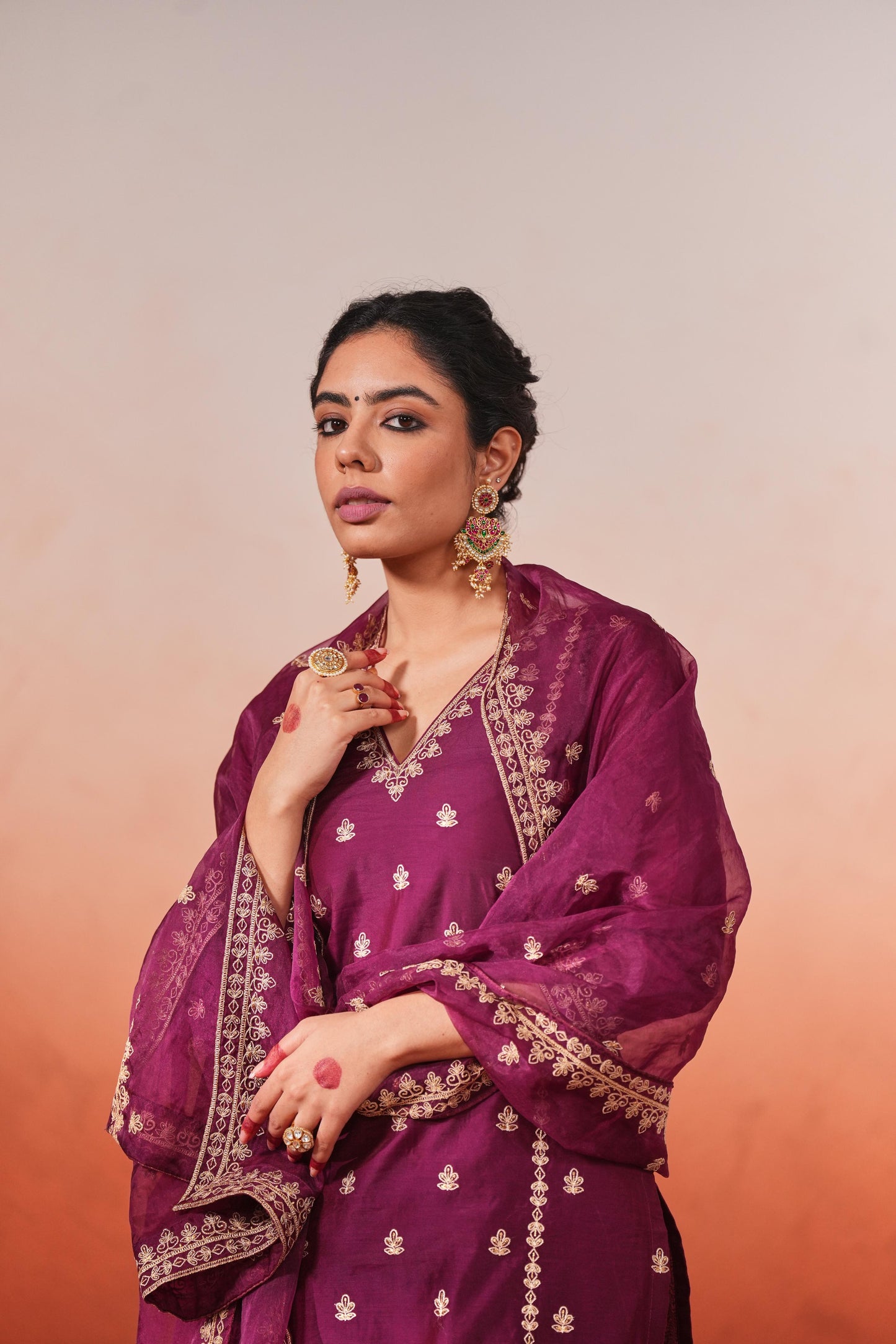 Shreyashi  Verma in Khushnir - Wine Chanderi Embroidered Suit Set