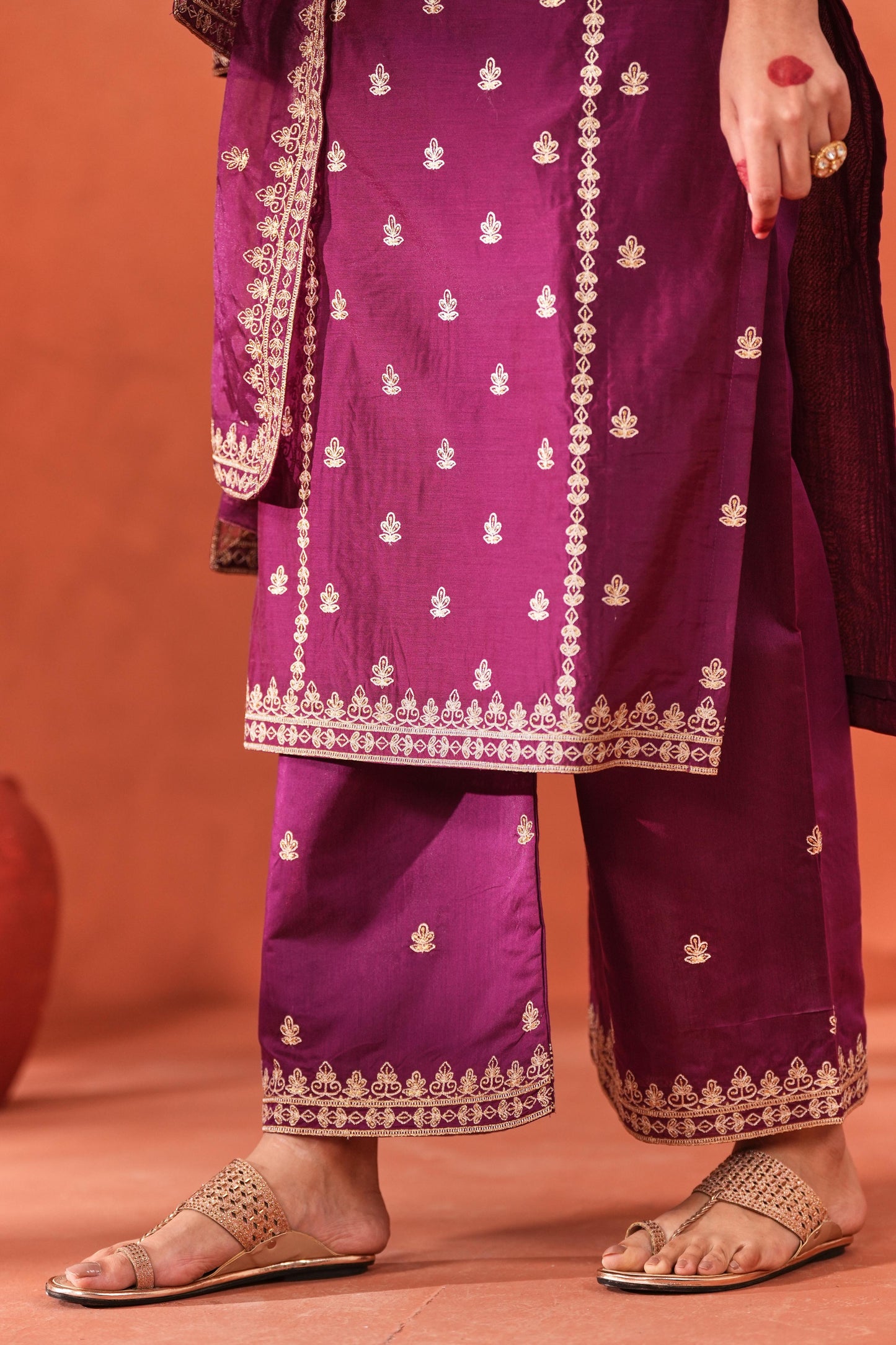 Khushnir - Wine Chanderi Embroidered Suit Set