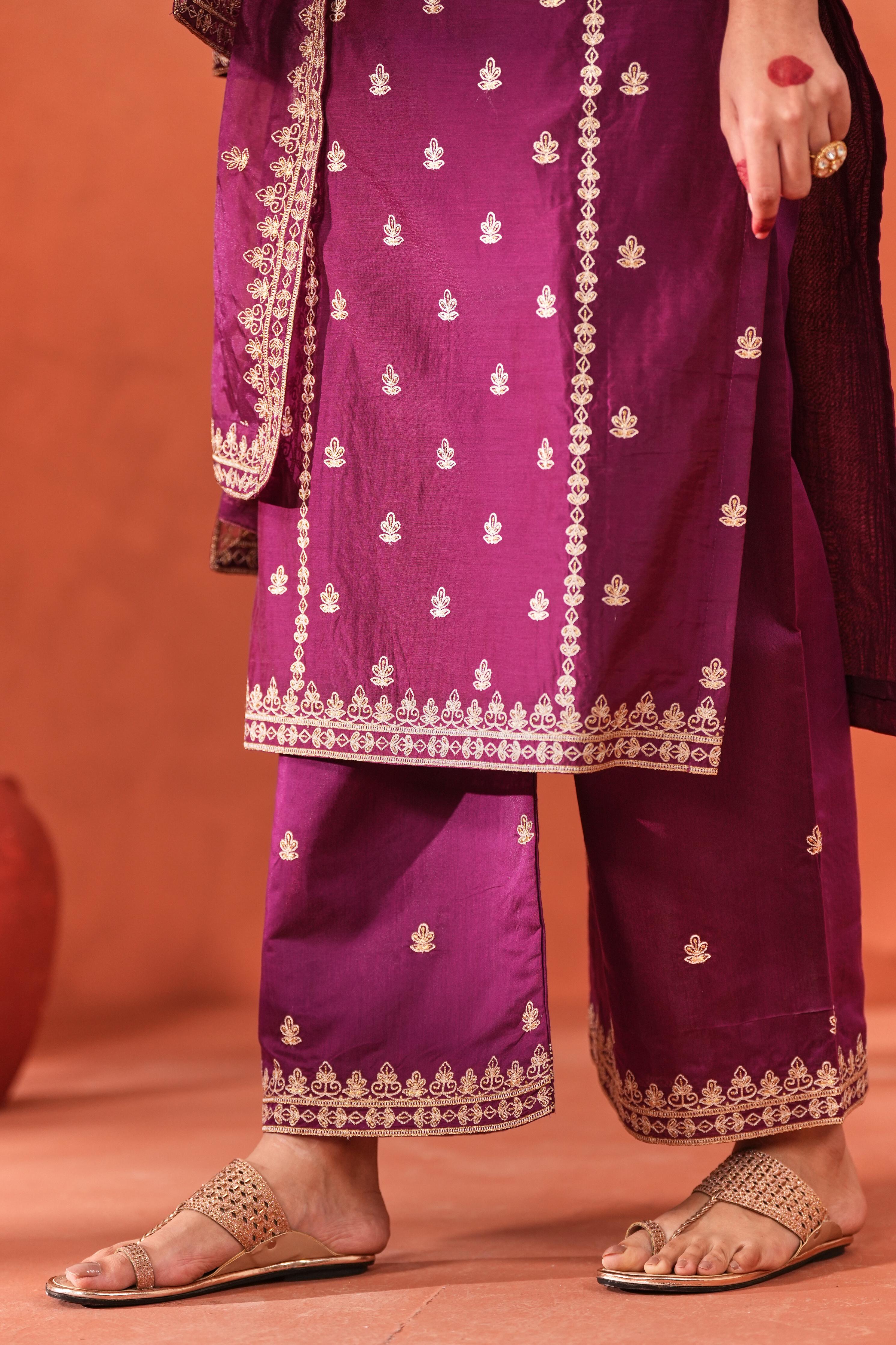 Shreyashi  Verma in Khushnir - Wine Chanderi Embroidered Suit Set