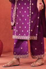 Khushnir - Wine Chanderi Embroidered Suit Set