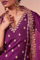 Khushnir - Wine Chanderi Embroidered Suit Set