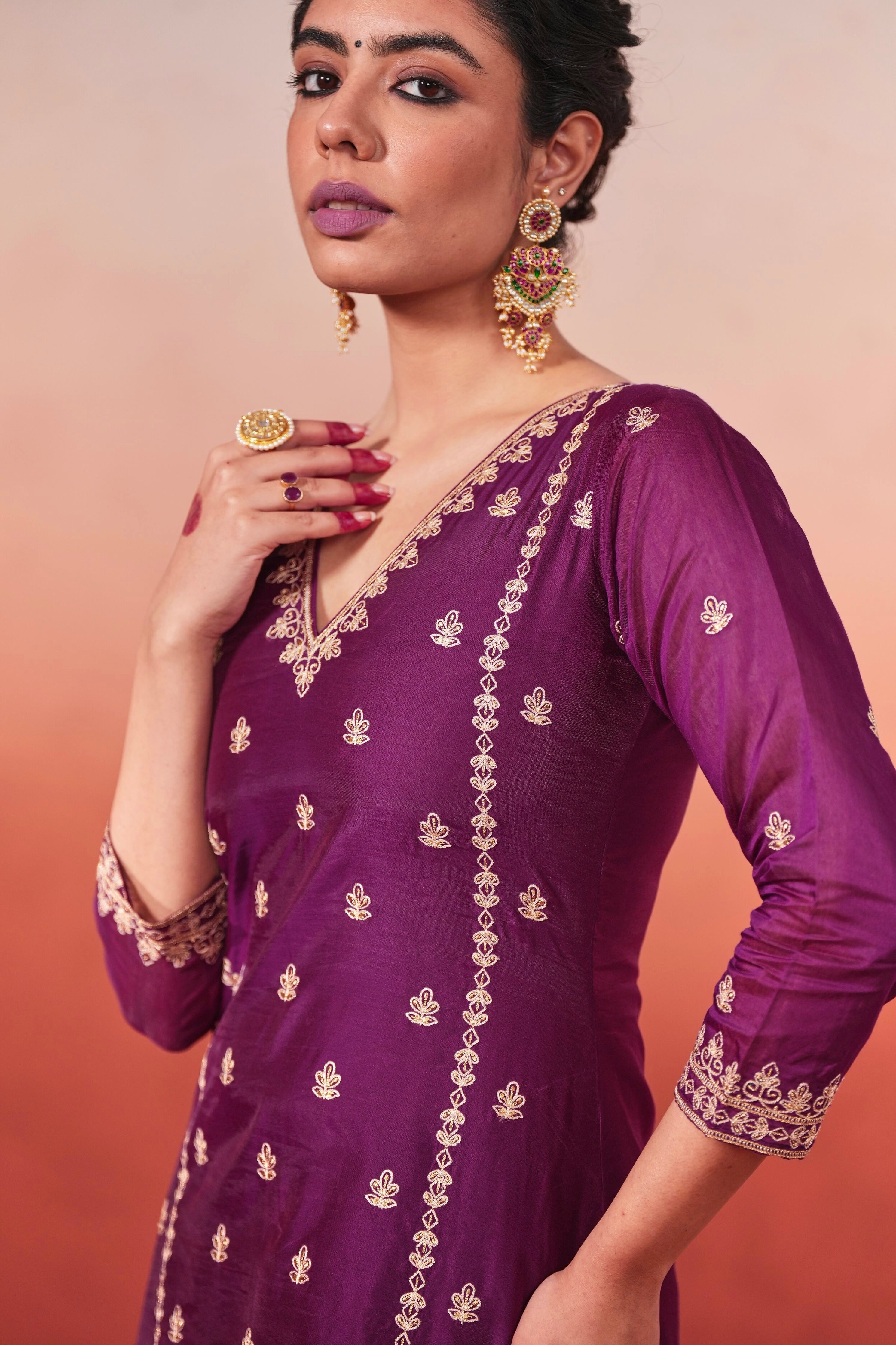Khushnir - Wine Chanderi Embroidered Suit Set