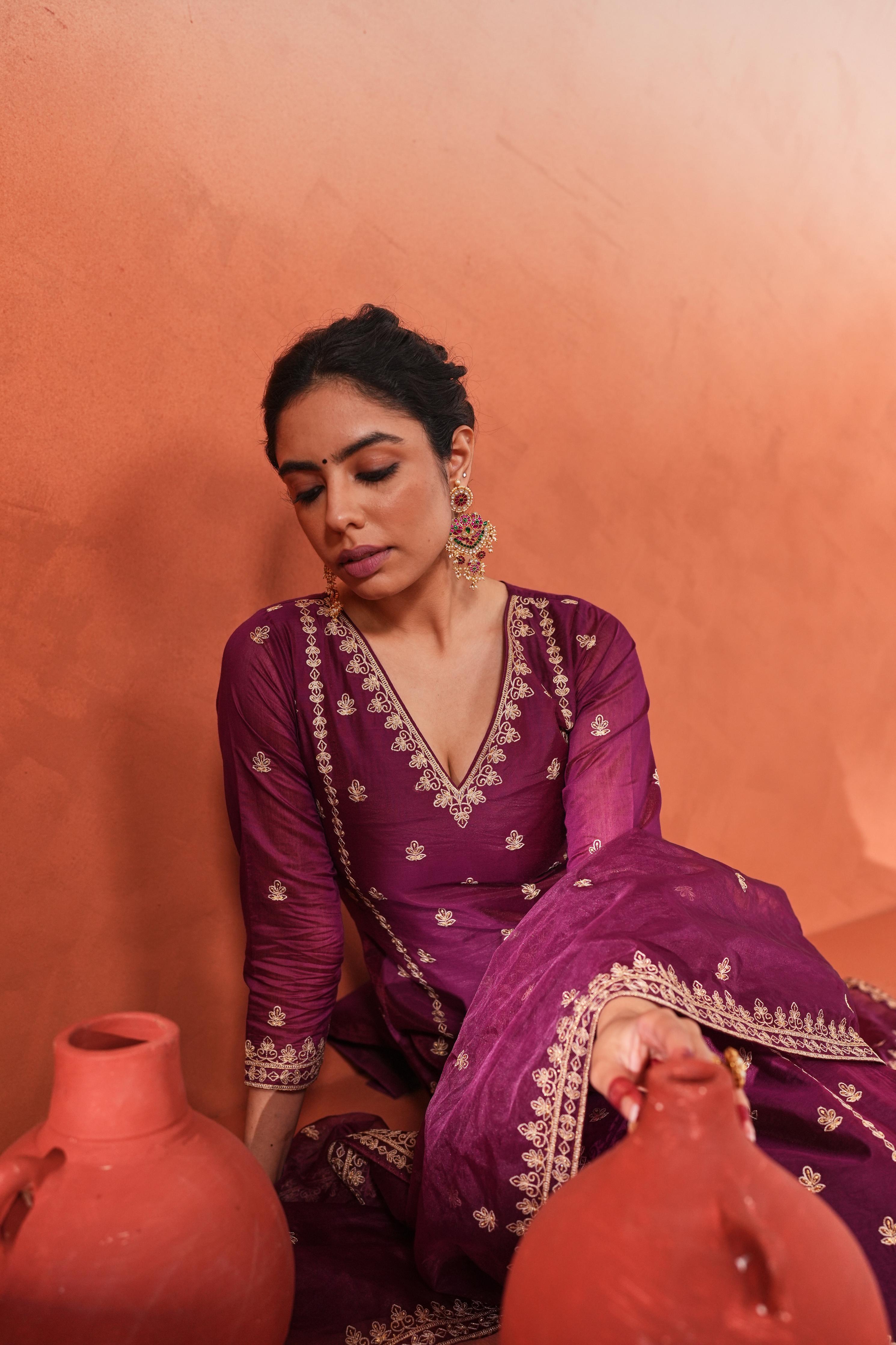 Shreyashi  Verma in Khushnir - Wine Chanderi Embroidered Suit Set