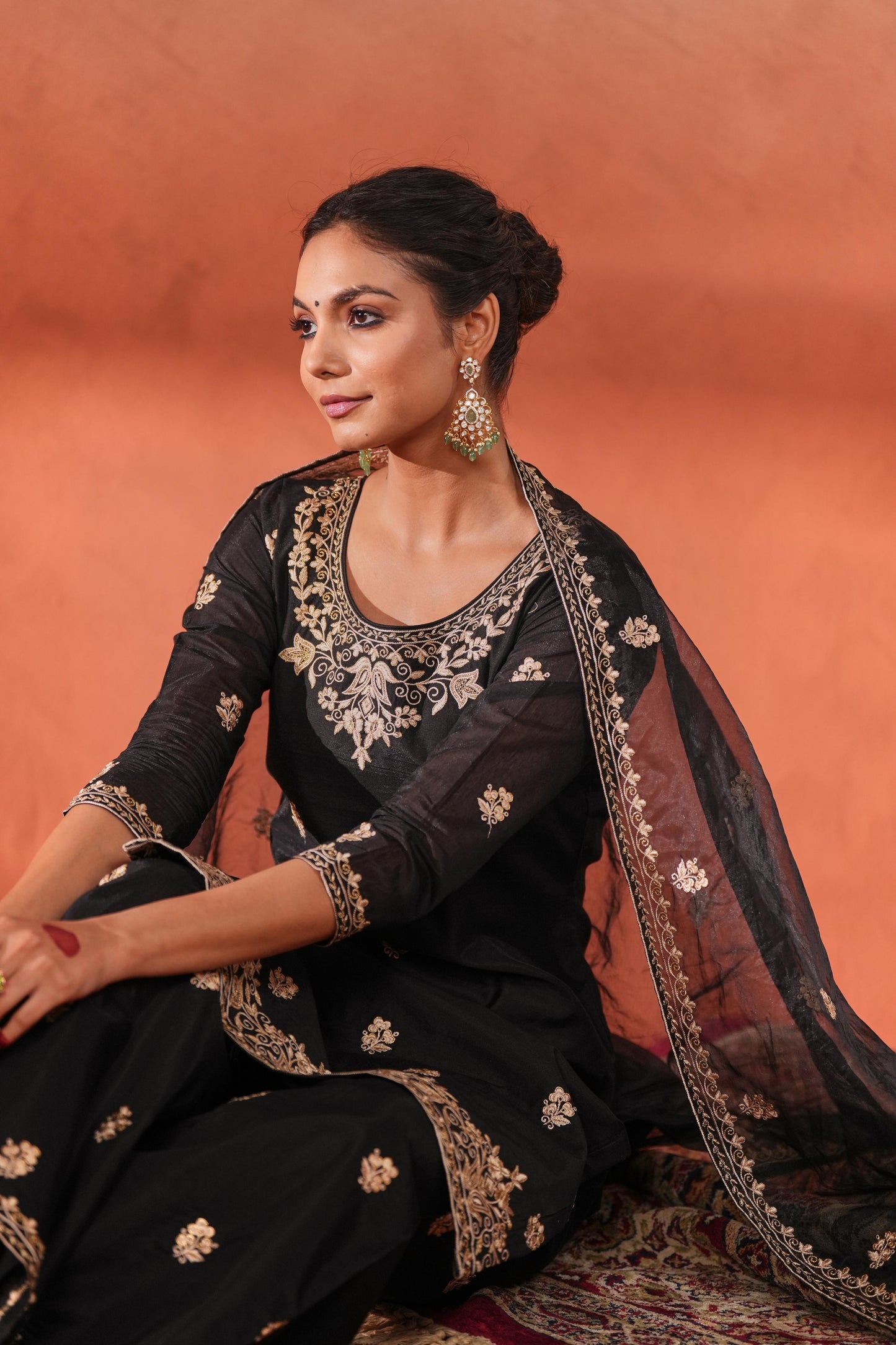 Gulnoor - Black embroidered chanderi suit set