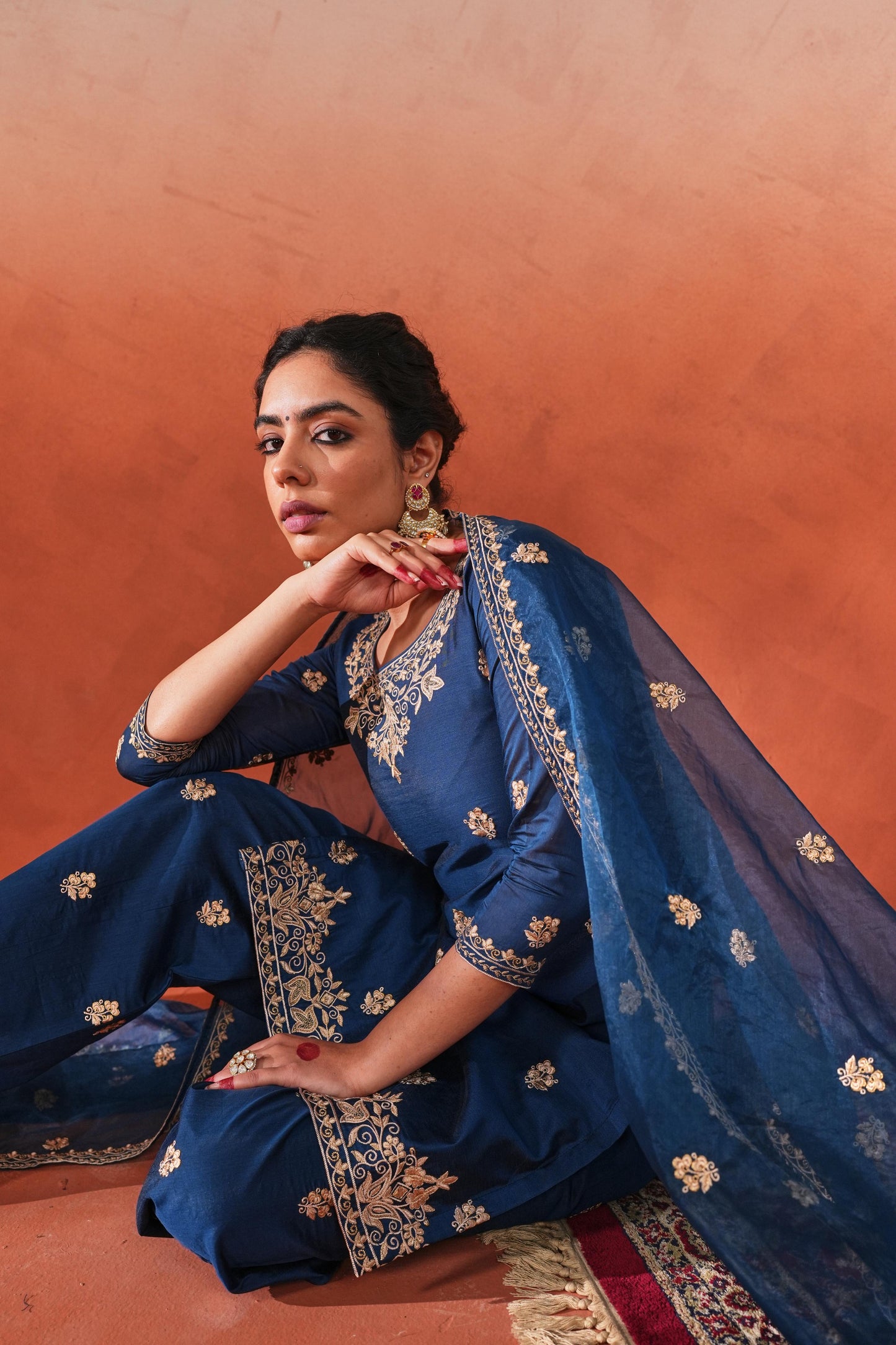 Roshan - Blue embroidered chanderi suit set