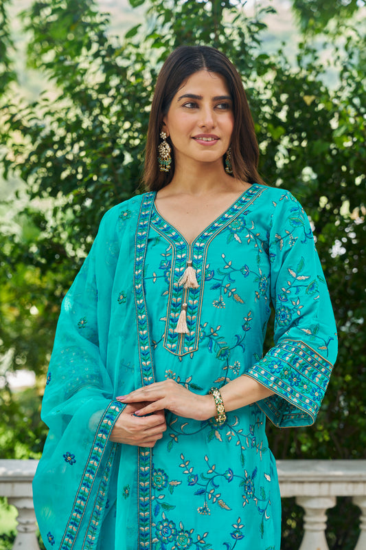 FEROZI - Blue Chanderi Suit Set