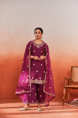Bani - Wine Chanderi Embroidered Suit Set