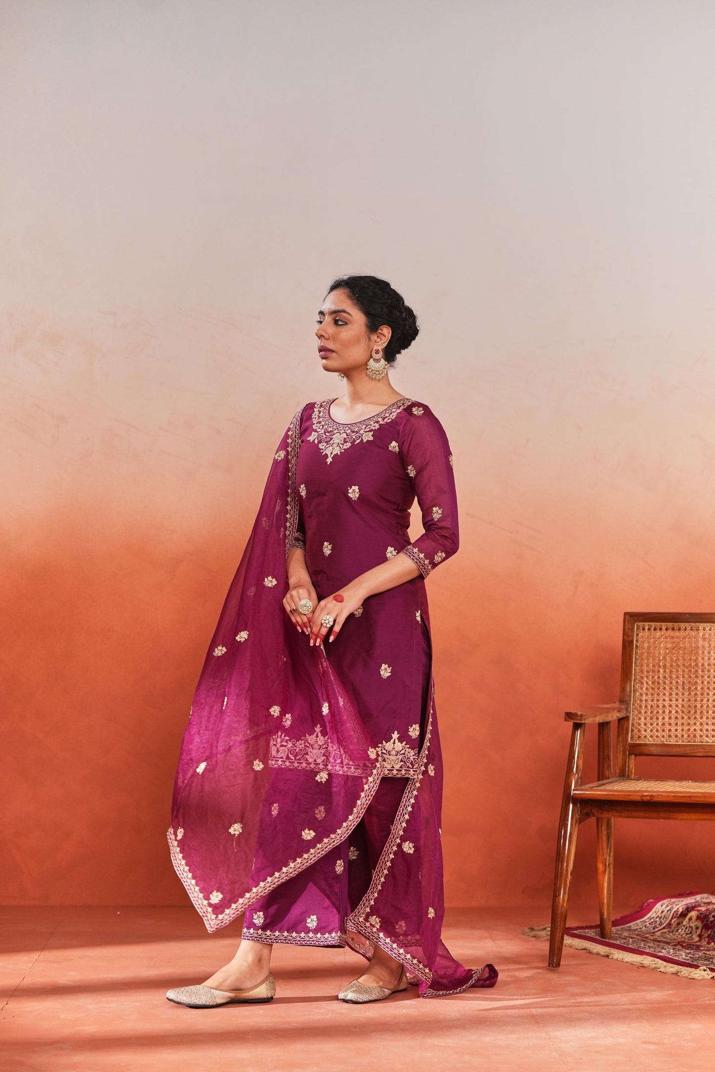 Bani - Wine Chanderi Embroidered Suit Set