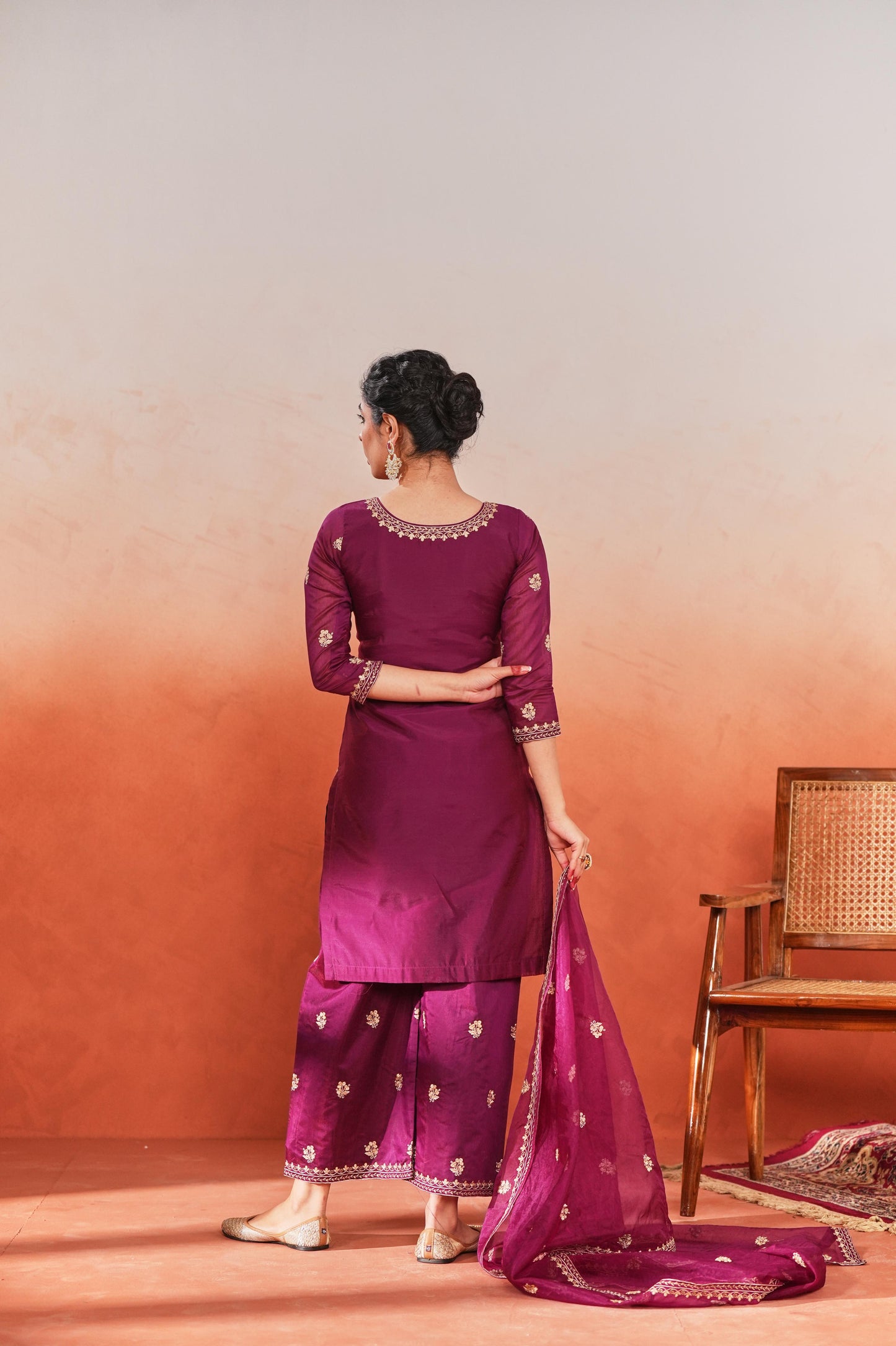 Bani - Wine Chanderi Embroidered Suit Set