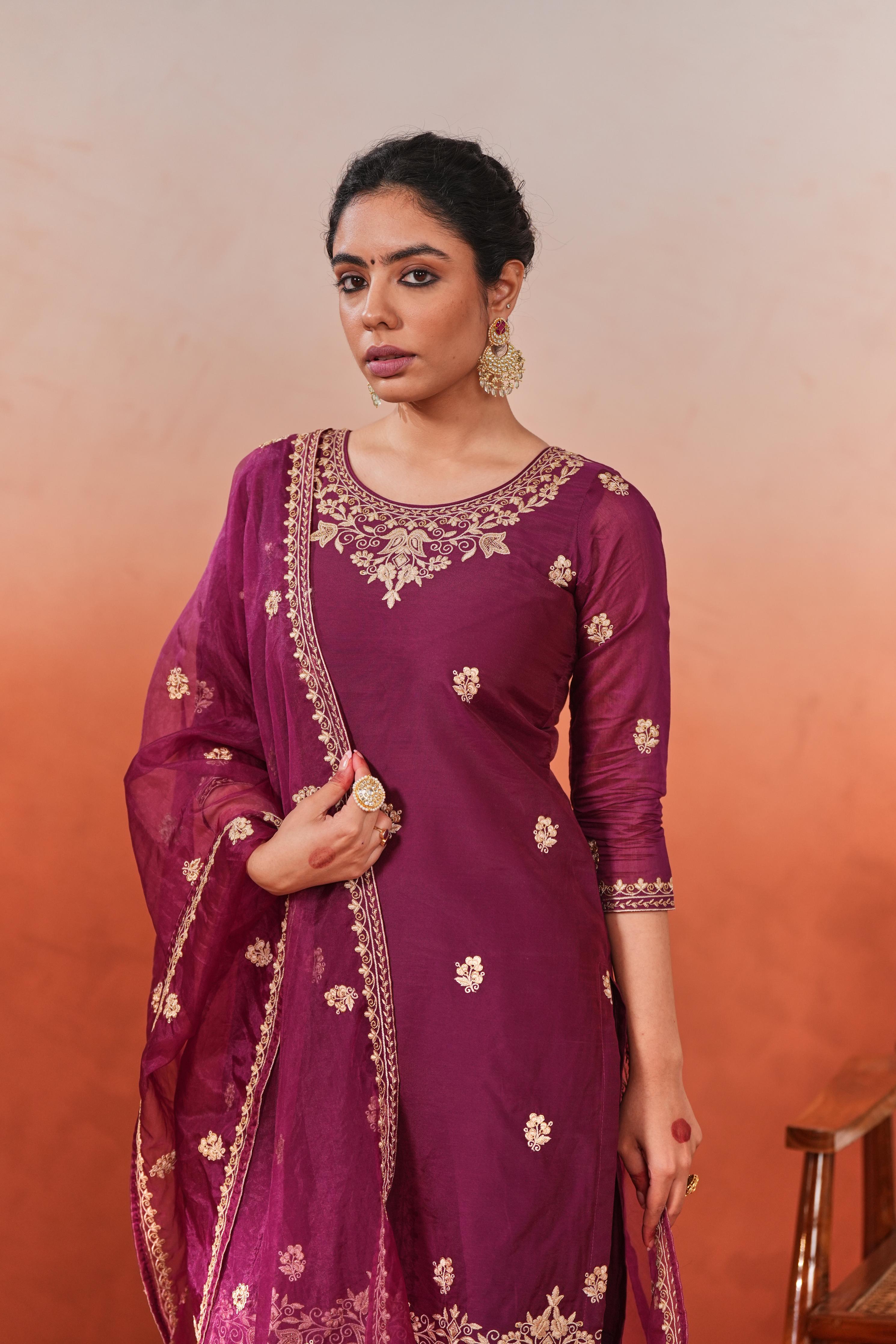 Bani - Wine Chanderi Embroidered Suit Set